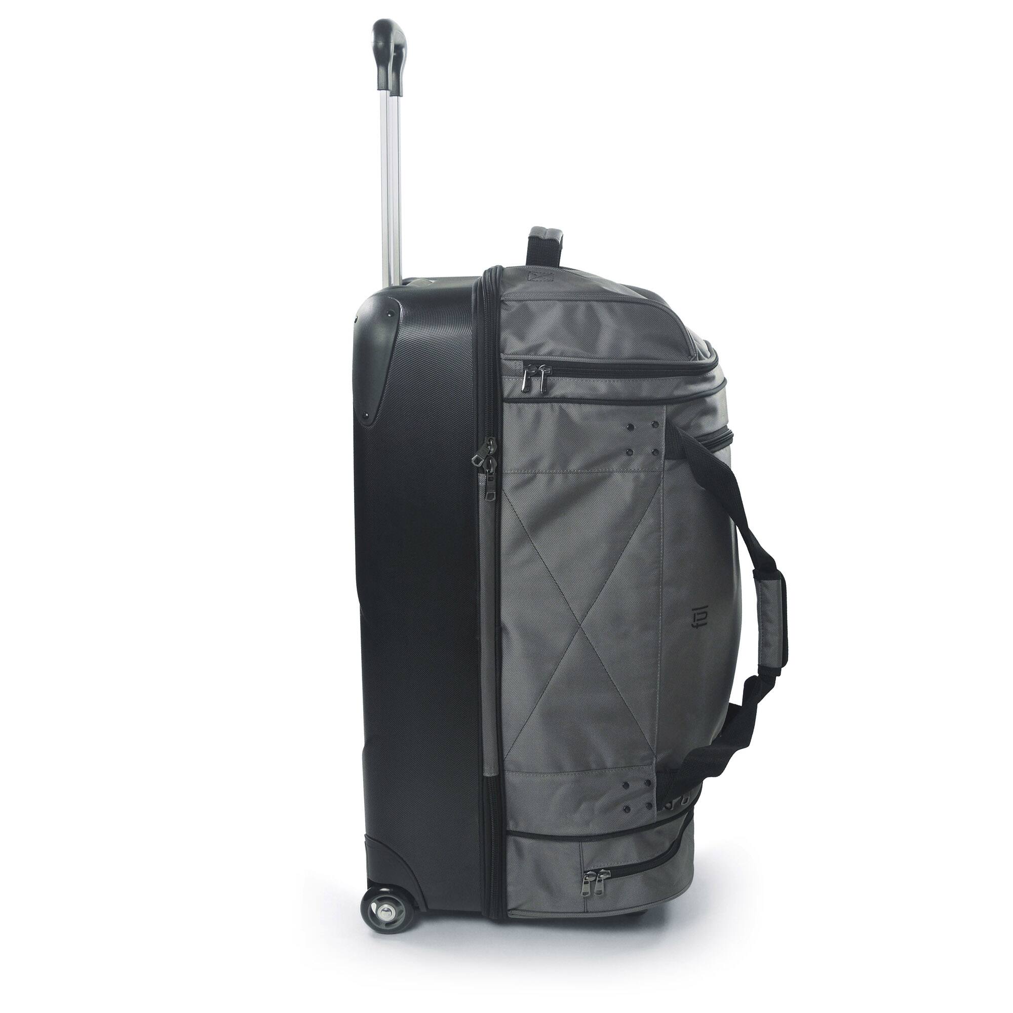 Left. Ful - Workhorse 30in Rolling Duffel Bag, Retractable Pull Handle, Split Level Storage - BLACK.