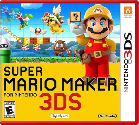 Sure, here is the corrected and grouped text from the image:
---
**Super Mario Maker for Nintendo 3DS**
**Nintendo 3DS**
**Nintendo Network**
**Plays only in 2D**
**Everyone E**
**ESRB**
**Nintendo**
---
This text is organized as it appears on the cover of the game. - E (Everyone)