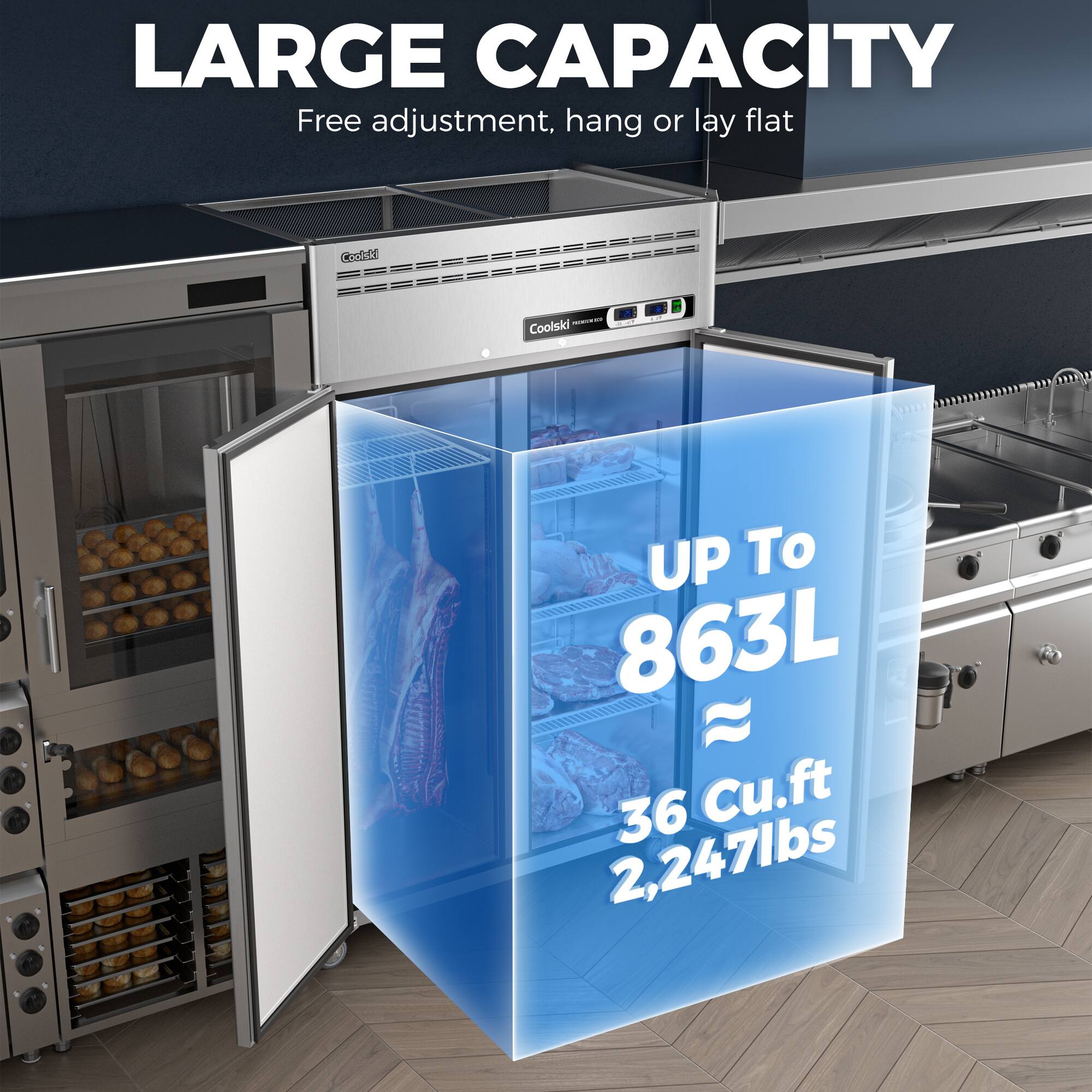 LARGE CAPACITY  
Free adjustment, hang or lay flat  

UP TO  
863L  
36 Cu.ft  
2,247lbs