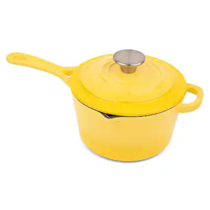 Front. Larder & Vine - 2.2 qt Enameled Cast Iron Saucepan with Lid - Limoncello.