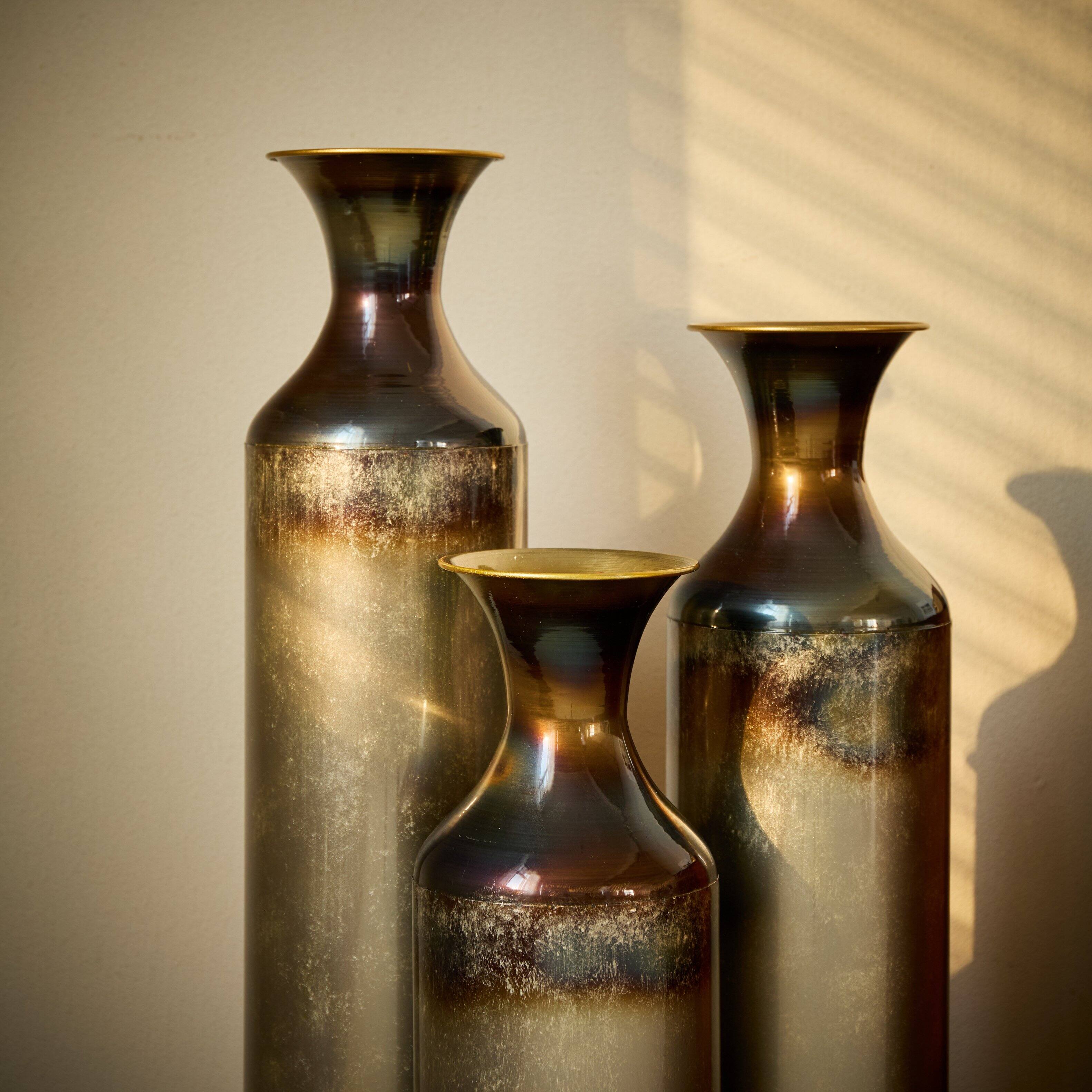 Alt View 3. Anysun - Hand-Forged Metal Vases Set of 3 - Burnt Finish Rustic Floor Vases, 28.34/24.4/20.4 Inch for Farmhouse Decor - Gold.