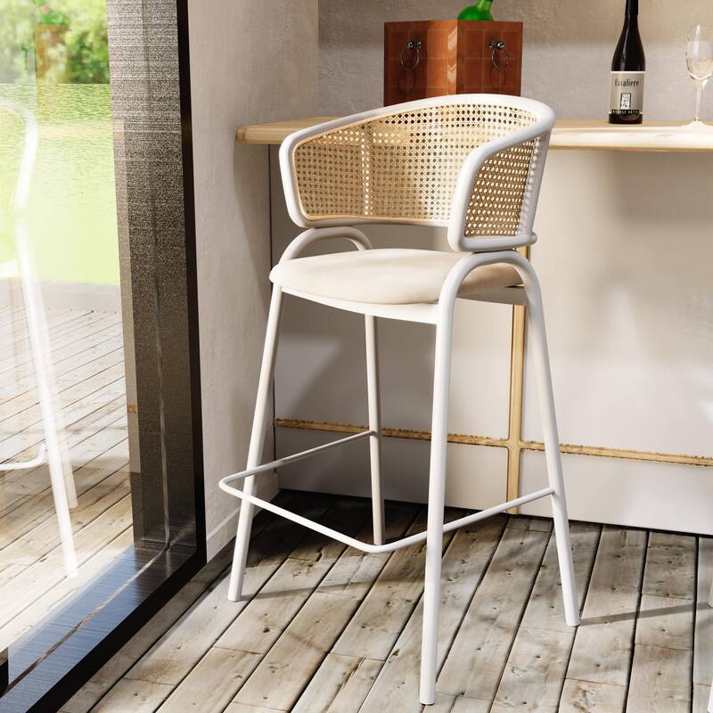 Alt View 2. LeisureMod - Ervilla Wicker Bar Stool with Fabric Seat, Mid-Century Modern Counter Height Stool with White Steel Frame - White.