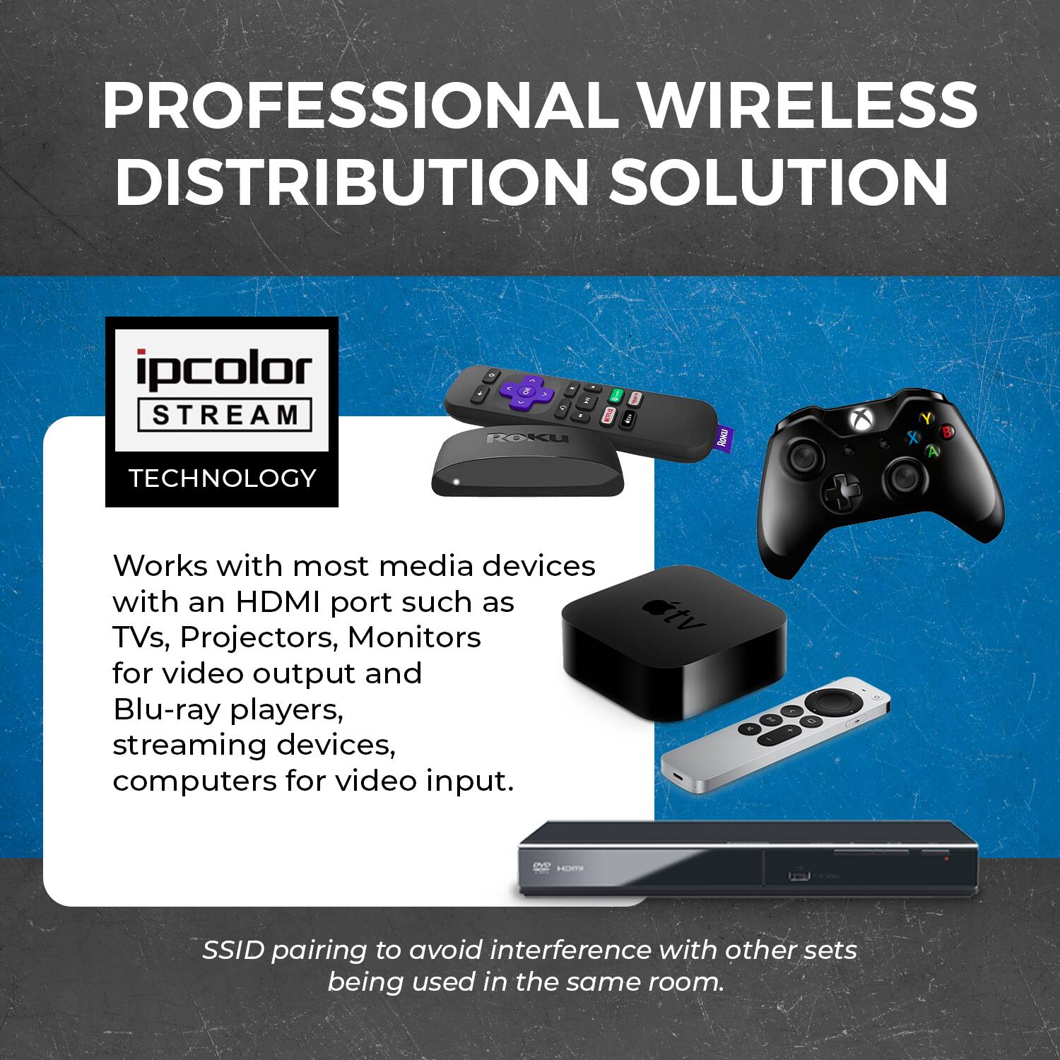 PROFESSIONAL WIRELESS DISTRIBUTION SOLUTION
ipcolor STREAM TECHNOLOGY
Works with most media devices with an HDMI port such as TVs, Projectors, Monitors for video output and Blu-ray players, streaming devices, computers for video input.
SSID pairing to avoid interference with other sets being used in the same room.