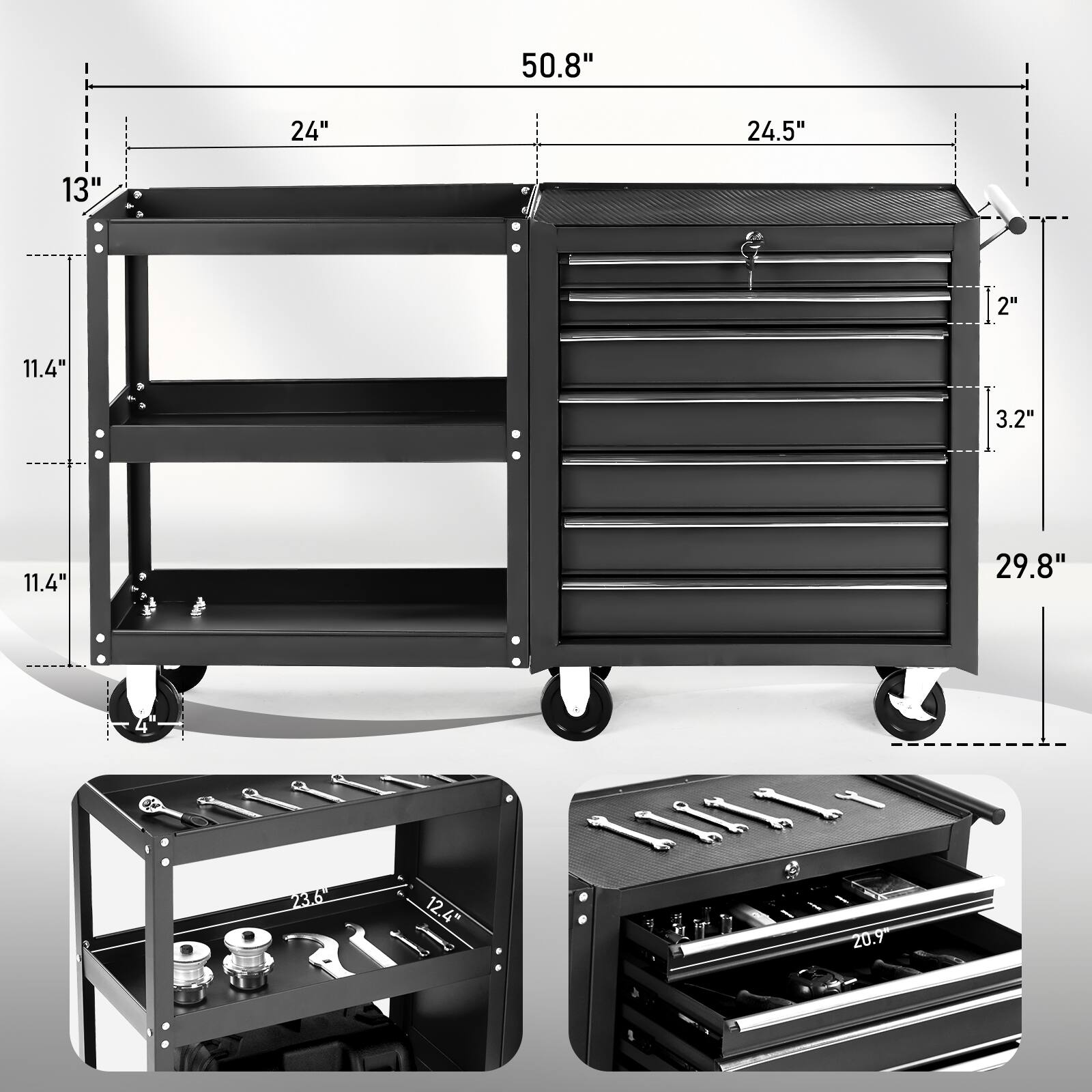 Winado 7 Drawer Tool Chest with Side Shelves, Lock & Key, 6 Wheels