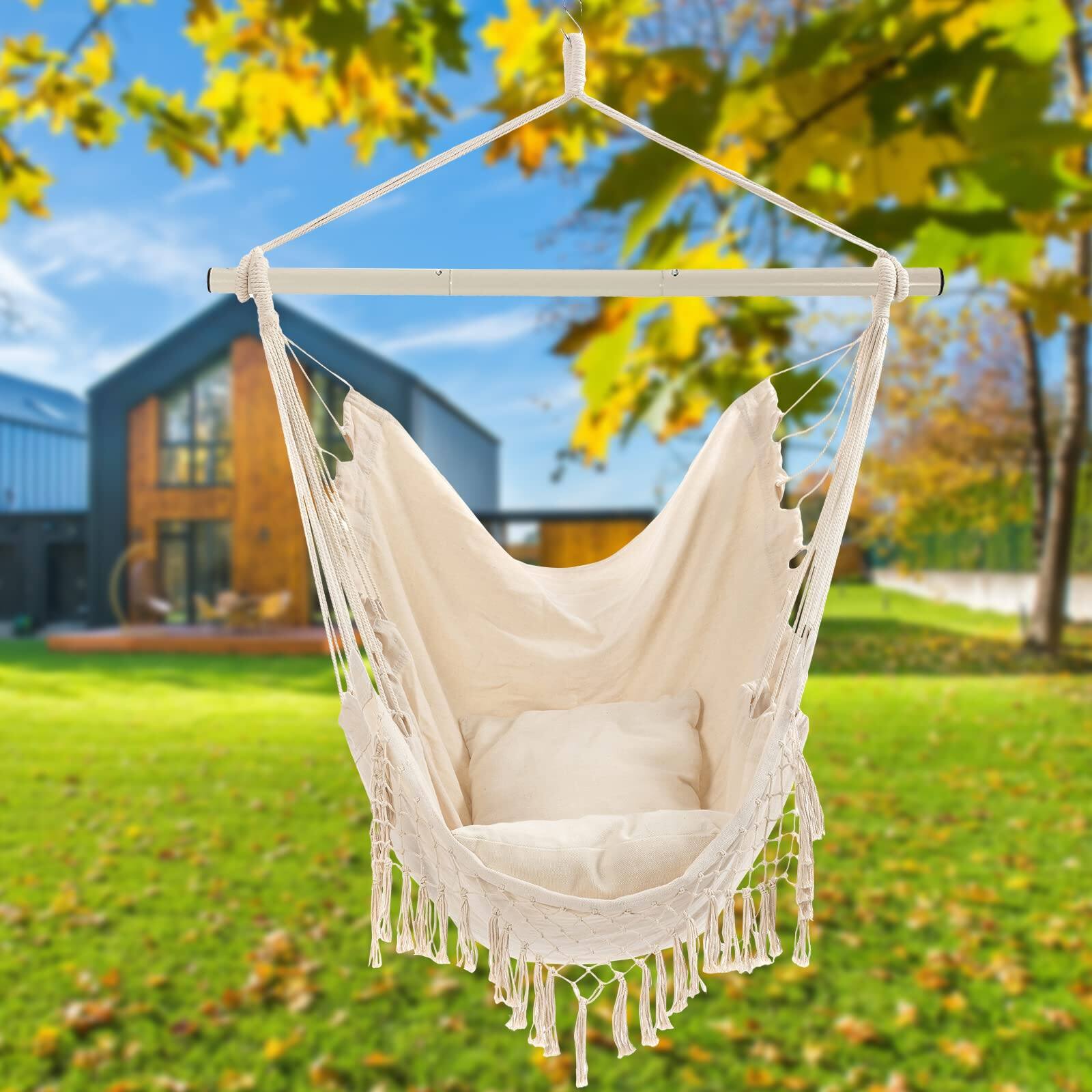 Alt View 6. JETRANSPORT - Hammock Chair Hanging Rope Swing Seat With 2 Cushions Macrame Side Pocket High Load-bearing Metal Rod For - Grey.