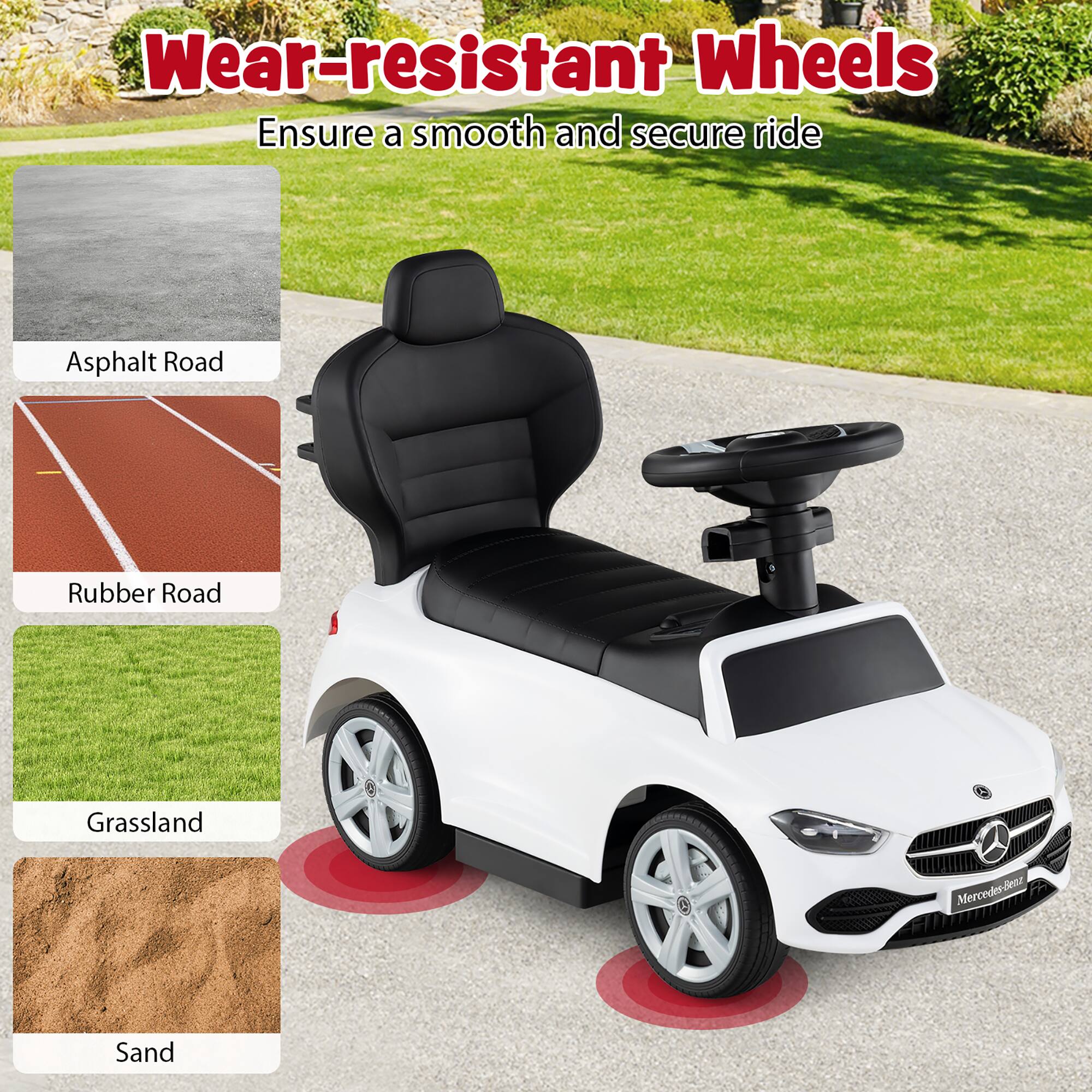 Wear-resistant Wheels  
Ensure a smooth and secure ride  

Asphalt Road  
Rubber Road  
Grassland  
Sand  

Mercedes-Benz
