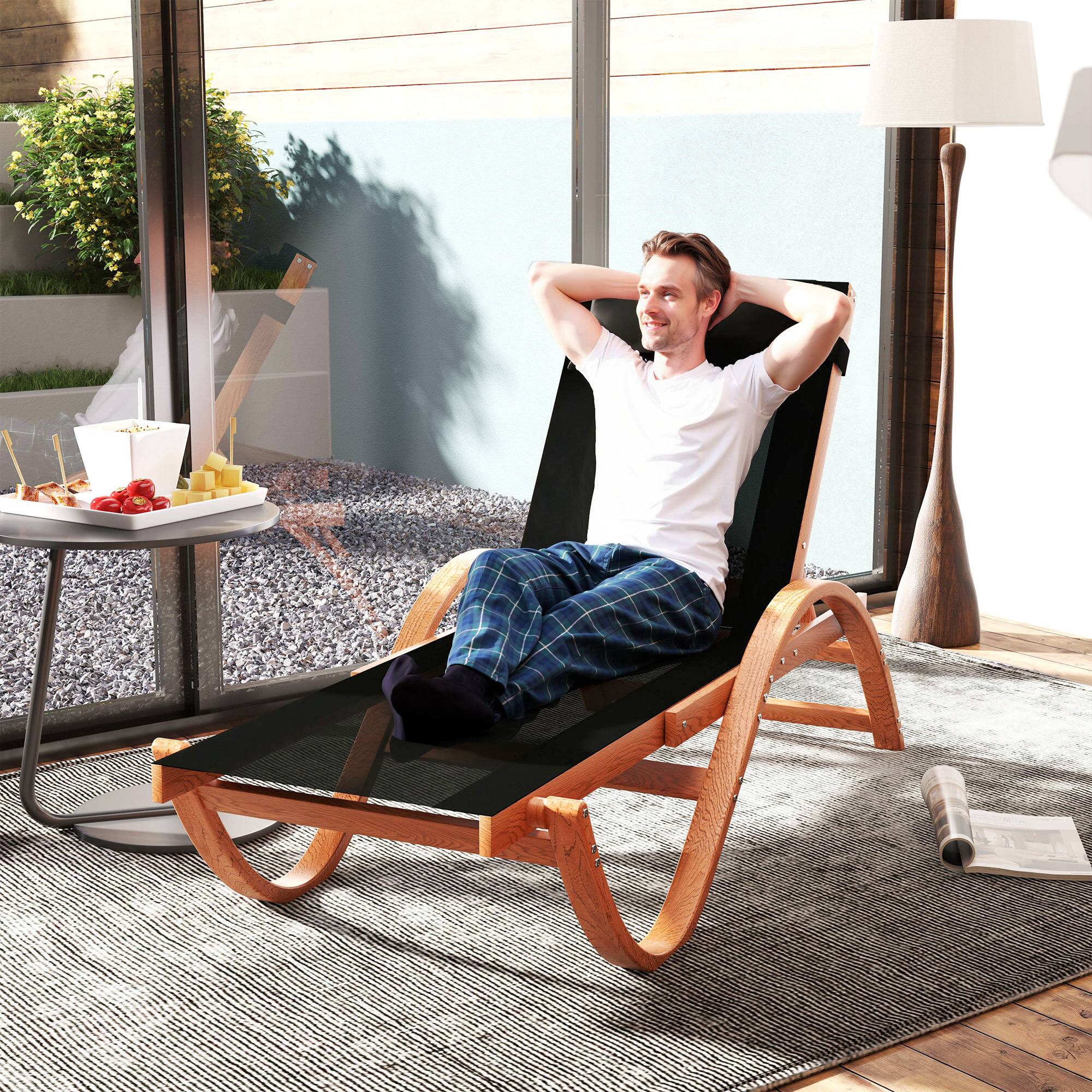 Alt View 8. Outsunny - Larch Wood Lounge Chair, 4-Level Adjustable Tanning Chair, Full Flat Patio Lounger with Mesh Seat - Black.