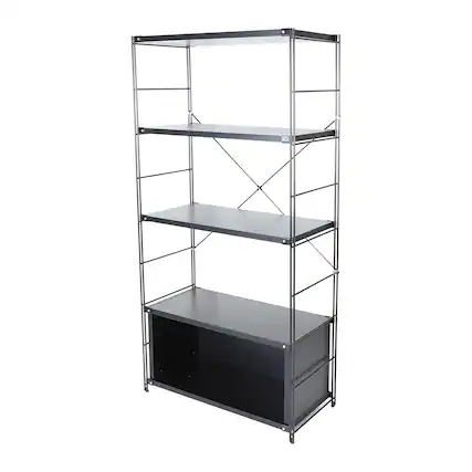 Front. LeisureMod - Etagere 4-Shelf Industrial Bookcase with Black Steel Frame and Melamine Shelves Open Storage for Living Room and Office - Black.