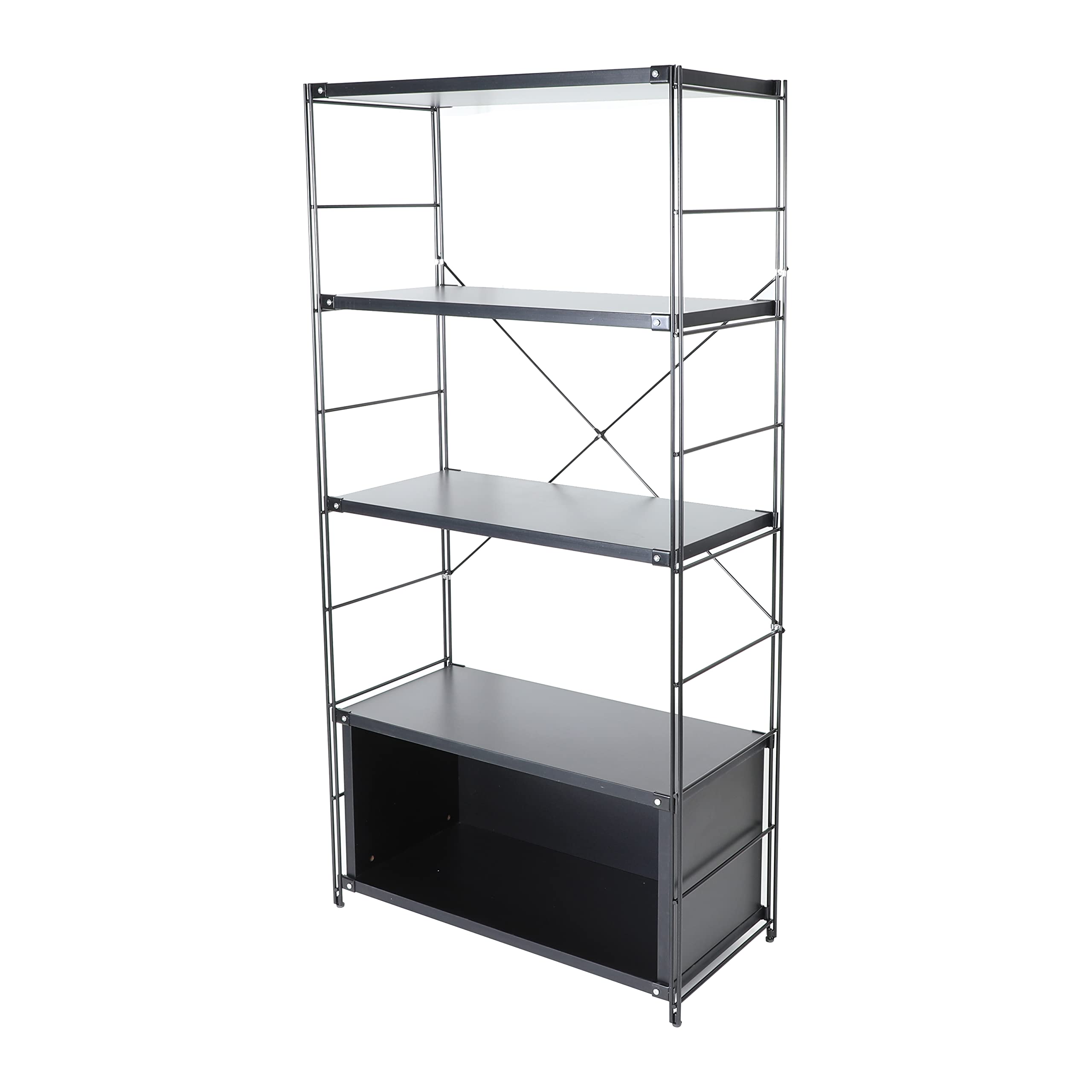 LeisureMod - Etagere 4-Shelf Industrial Bookcase with Steel Frame and Melamine Shelves Open Storage for Living Room and Office - Black