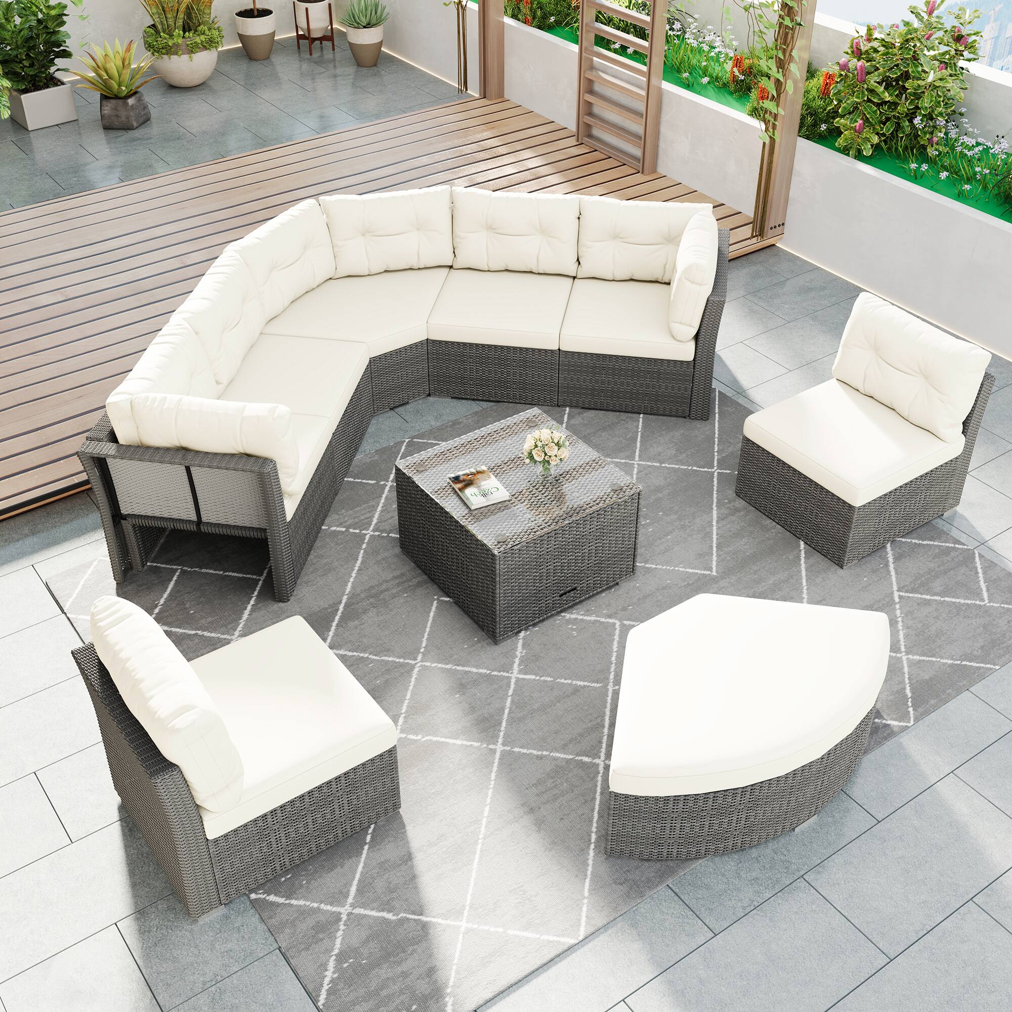 Alt View 9. Tiramisubest - Patio Furniture Set Outdoor Daybed Rattan Sectional with Cushions and Center Table for Patio,Lawn,Backyard,Pool,Beige - Beige.