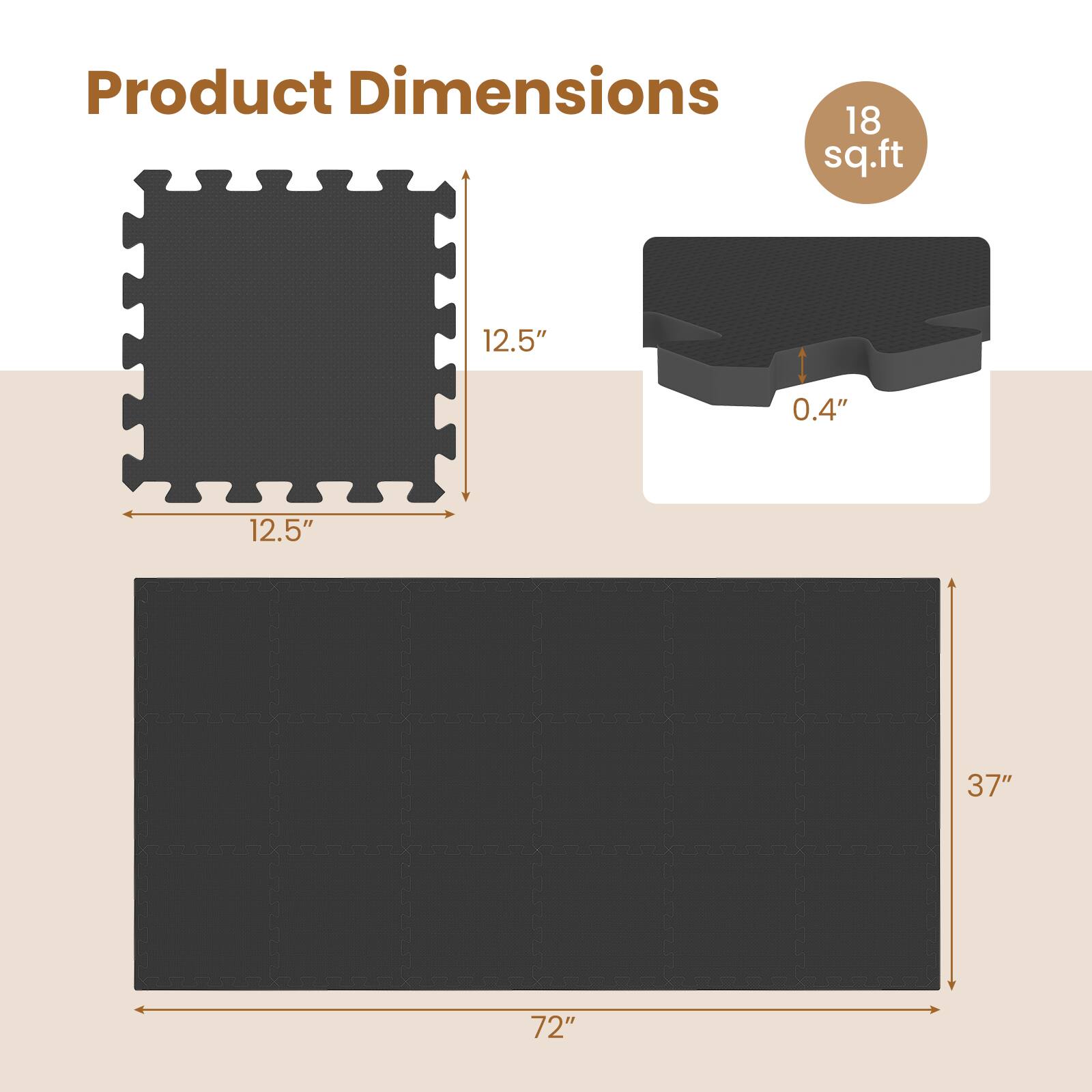 Product Dimensions: 18 sq.ft, 12.5" x 12.5", 0.4", 37" x 72"