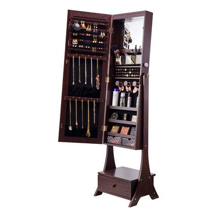 Front. VEVOR - Mirror Jewelry Cabinet, Standing Mirror with Storage, Lockable Jewelry Mirror Organizer with Full Length Mirror - Brown.