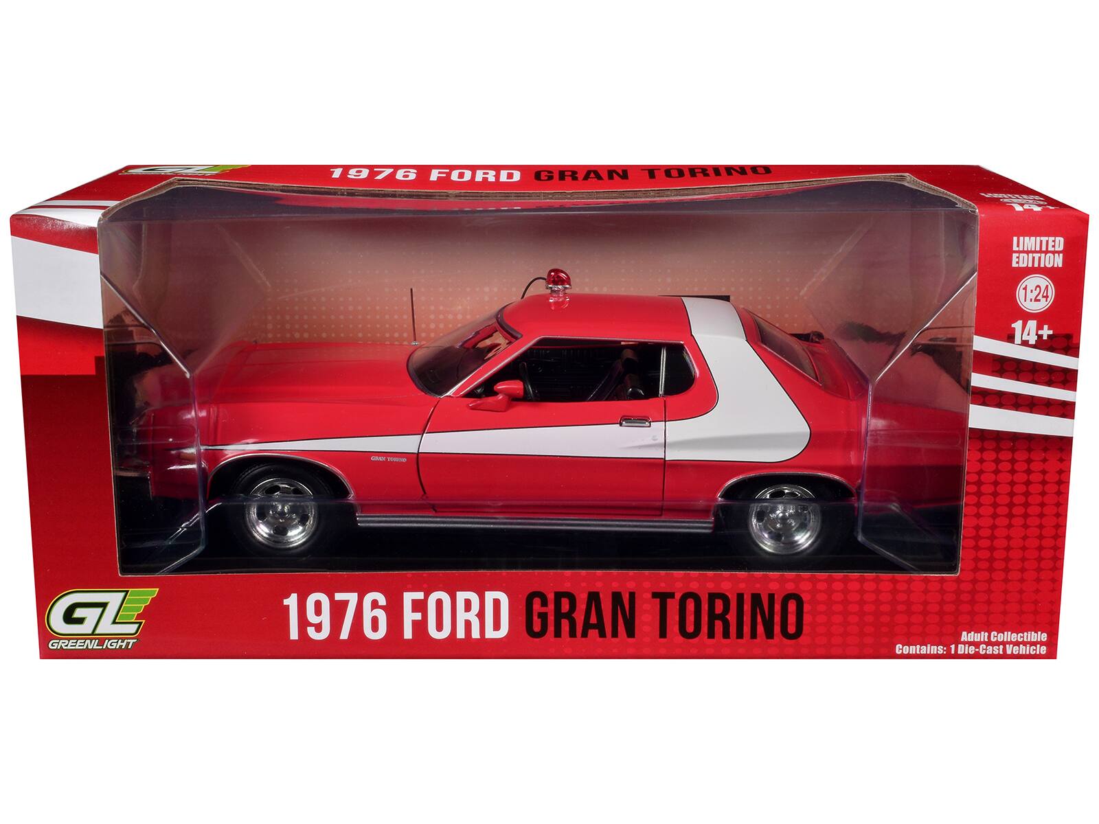 1976 FORD GRAN TORINO  
14 LIMITED EDITION 1:24  
14+  
utan 1 GLE GREENLIGHT  
1976 FORD GRAN TORINO  
Adult Collectible  
Contains: 1 Die-Cast Vehicle