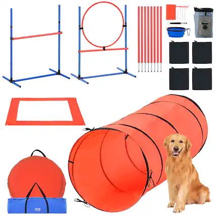 Front. VEVOR - Dog Agility Training Equipment, 5 PCS Combination Set with Adjustable High Hurdles,6 Weave Poles, Tunnel, Jump Ring - Red,Blue,Orange,Black.
