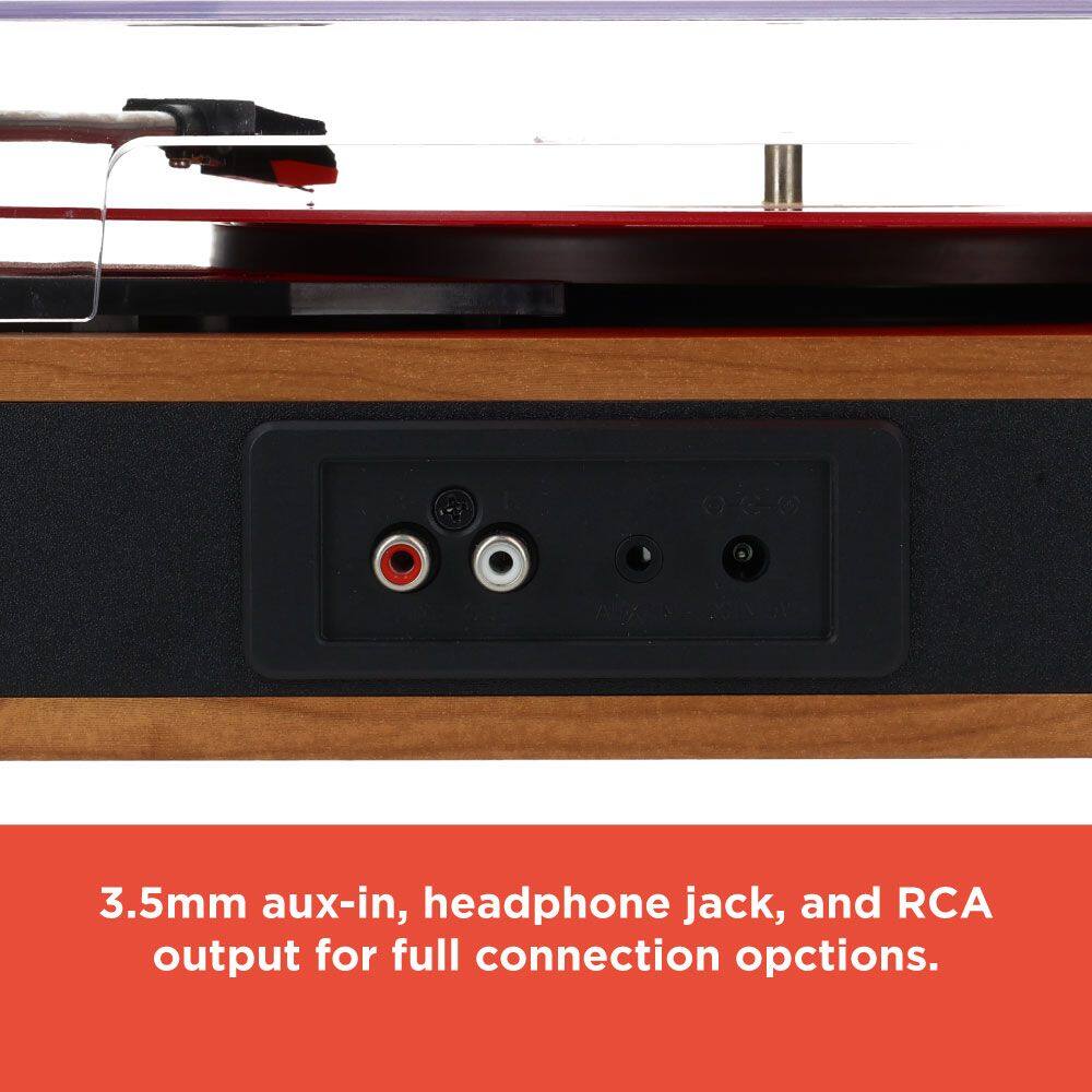 3.5mm aux-in, headphone jack, and RCA output for full connection options.