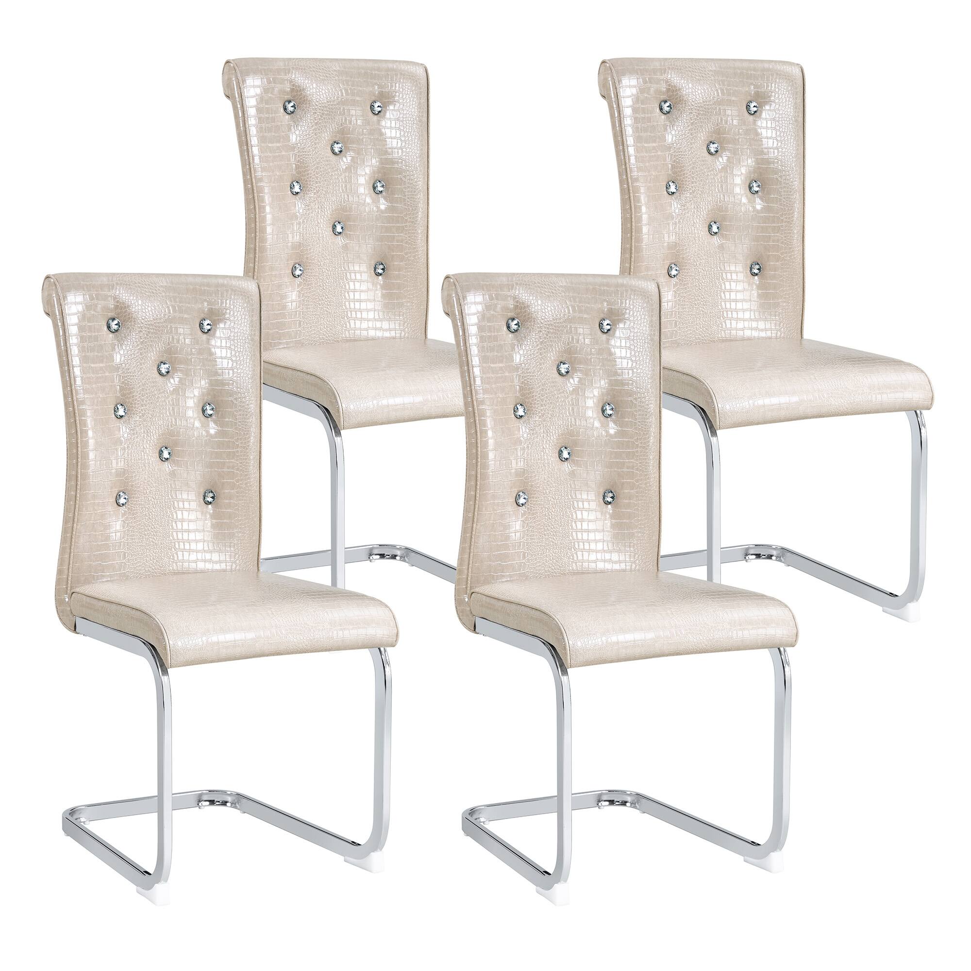 Alt View 6. Loheer - Elegant Faux Leather Dining Chairs Set of 4 Crystal Tufted Cantilever Metal Leg 1.37x1.87x3.30 ft - Beige.