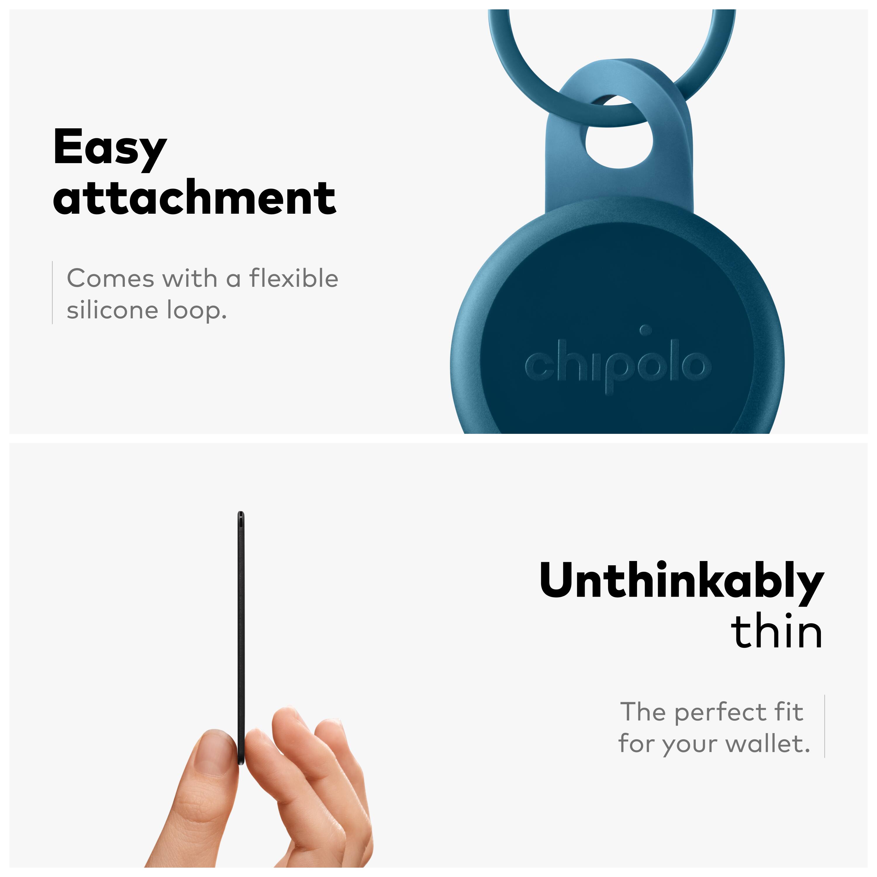Easy attachment  
Comes with a flexible silicone loop.  

Unthinkably thin  
The perfect fit for your wallet.
