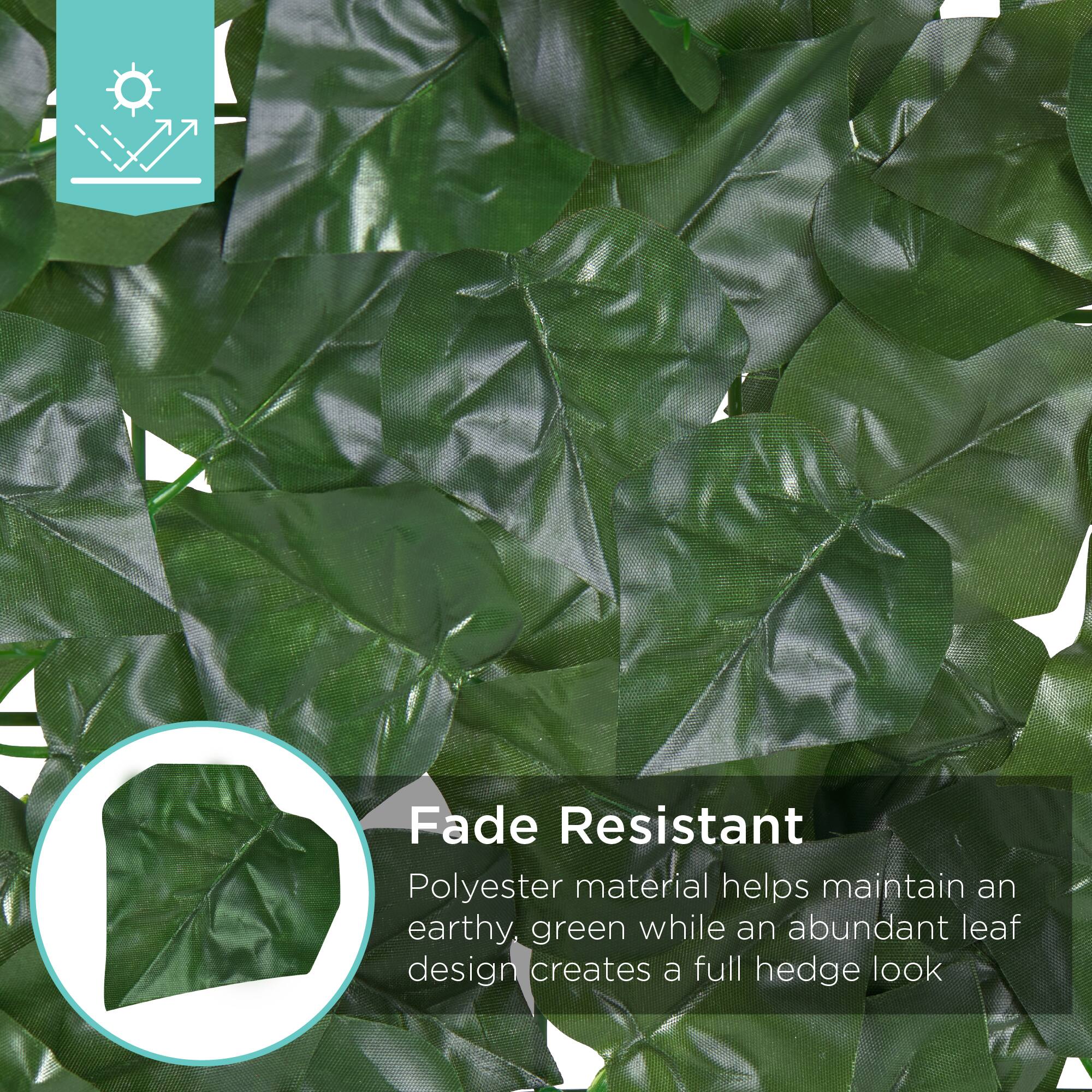 Fade Resistant  
Polyester material helps maintain an earthy, green while an abundant leaf design creates a full hedge look