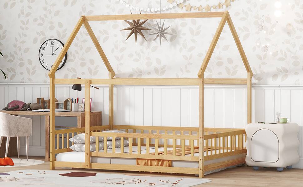 Alt View 1. Tiramisubest - Full Size House Floor Wooden Bed with Roof Frame, Safety Guardrails,Natural - Natural.
