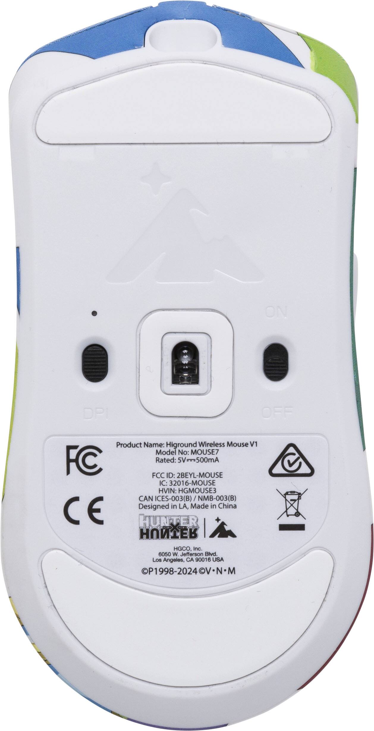 ON DPI OFF Product Name: Higround Wireless Mouse V1 Model No: MOUSE7 FC Rated: 5V500mA FCC ID: 2BEYL-MOUSE IC: 32016-MOUSE HVIN: HGMOUSE3 CAN ICES-003(B) / NMB-003(B) Designed in LA, Made in China CE HUNTER HUNTER HGCO, Inc. 6050 W. Jefferson Blvd. Los Angeles, CA 90016 USA P1998-2024V.N V N M A