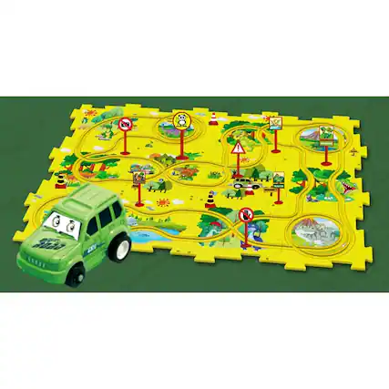 Front. JuzToys - STEM Puzzles Car Race Tracks for Kids – DIY Rail Car Racetrack Toys Playset, Educational Building Toy, Yellow/Green - Multi.