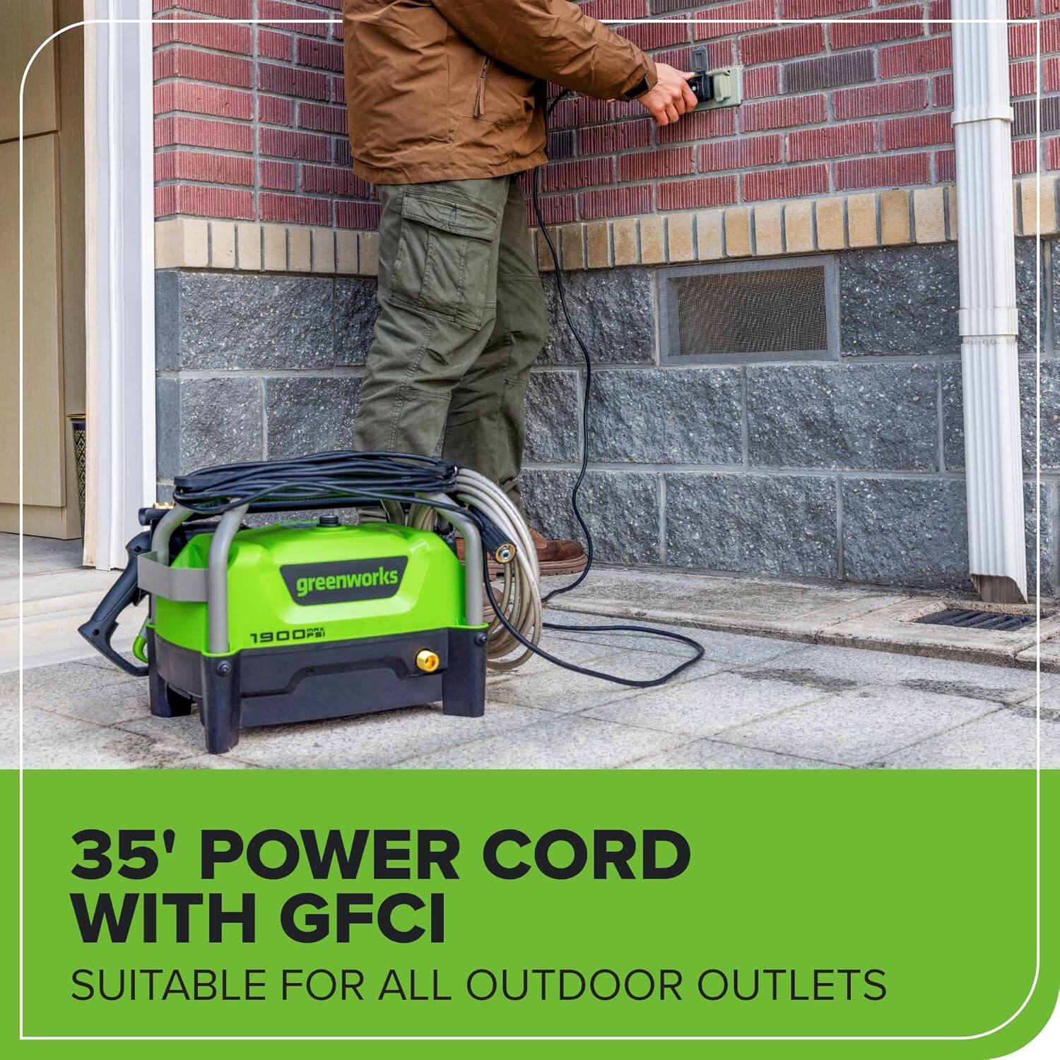 greenworks 1900 35' POWER CORD WITH GFCI SUITABLE FOR ALL OUTDOOR OUTLETS