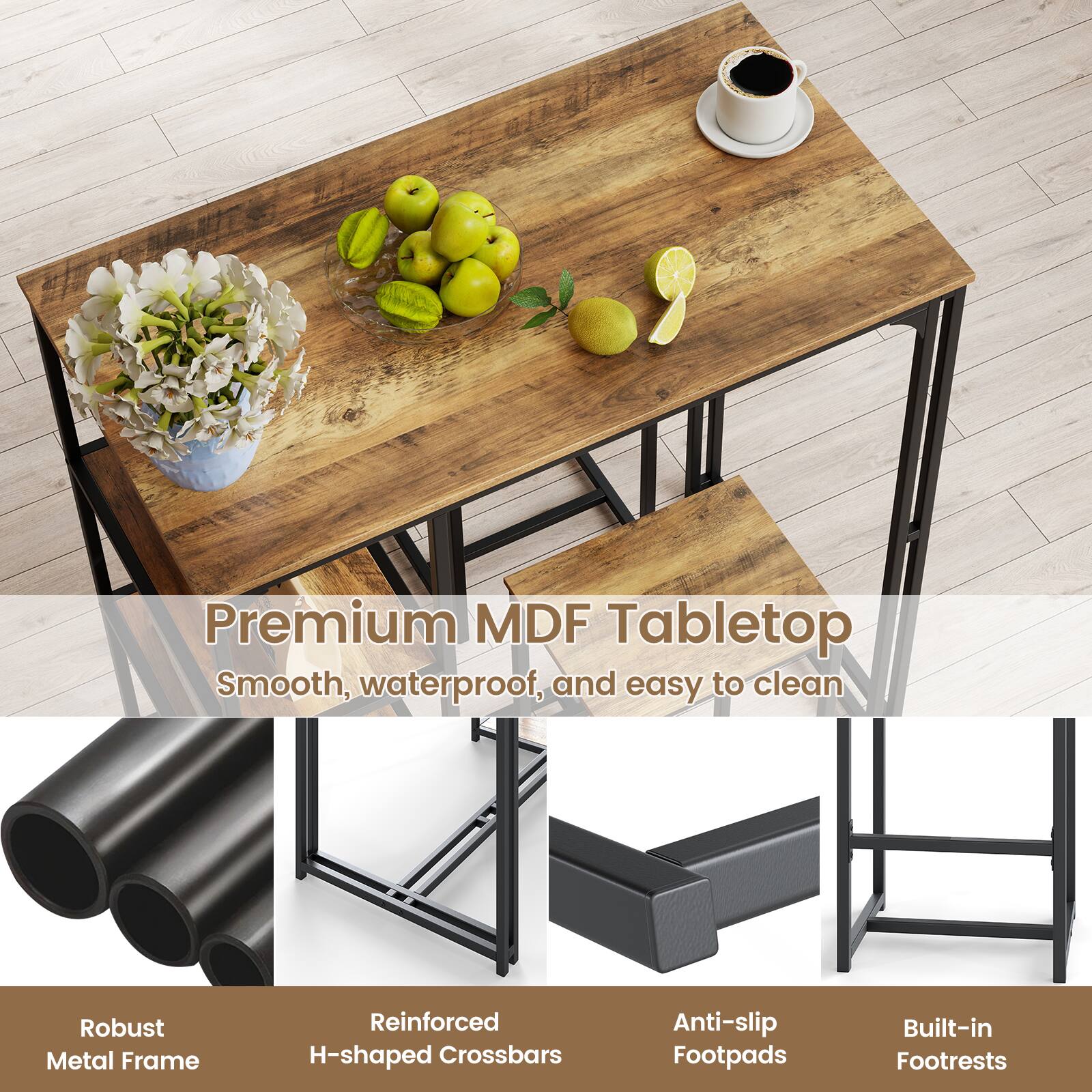 Premium MDF Tabletop  
Smooth, waterproof, and easy to clean  

Robust Metal Frame  
Reinforced H-shaped Crossbars  
Anti-slip Footpads  
Built-in Footrests