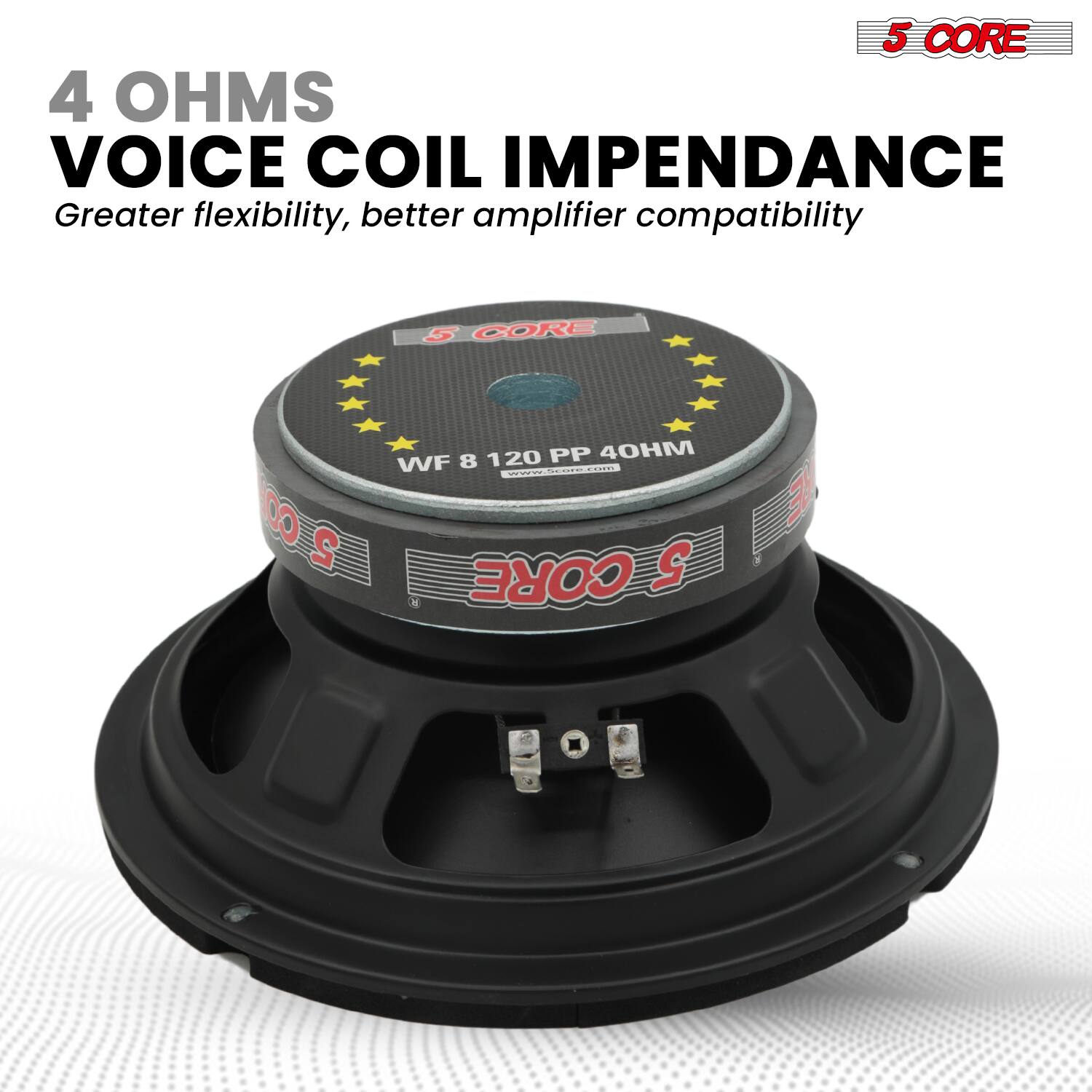 4 OHMS  
VOICE COIL IMPEDANCE  
Greater flexibility, better amplifier compatibility  

5 CORE  
WF 8 120 PP 40HM