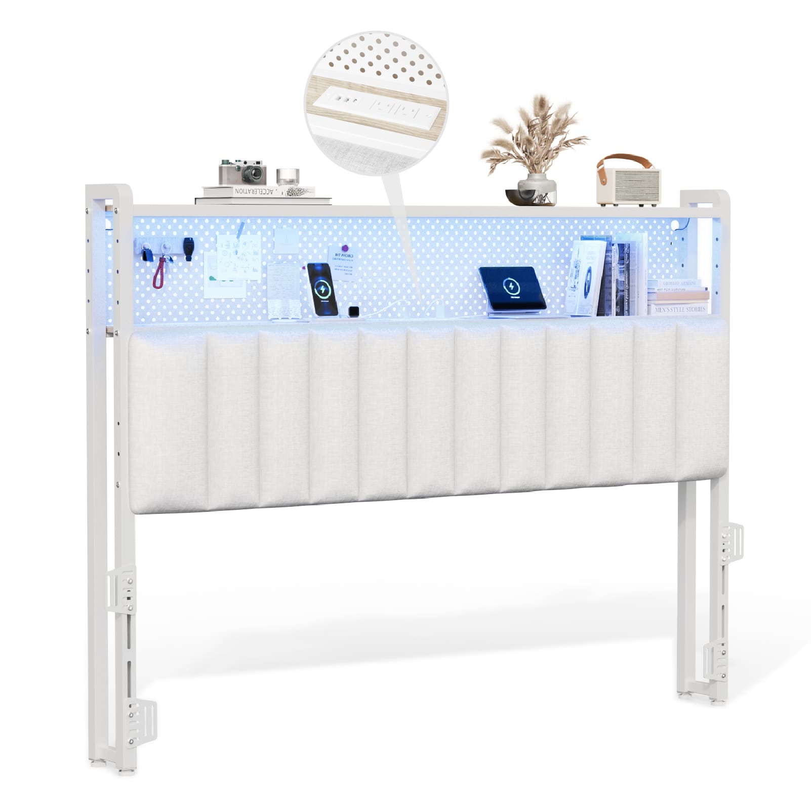 Winado - Queen Size Adjustable Upholstered Headboard Only with 2 Tier Shelves and Pegboard with Charging Stations and LED Lights - Linen & White price history on PriceWatchPro