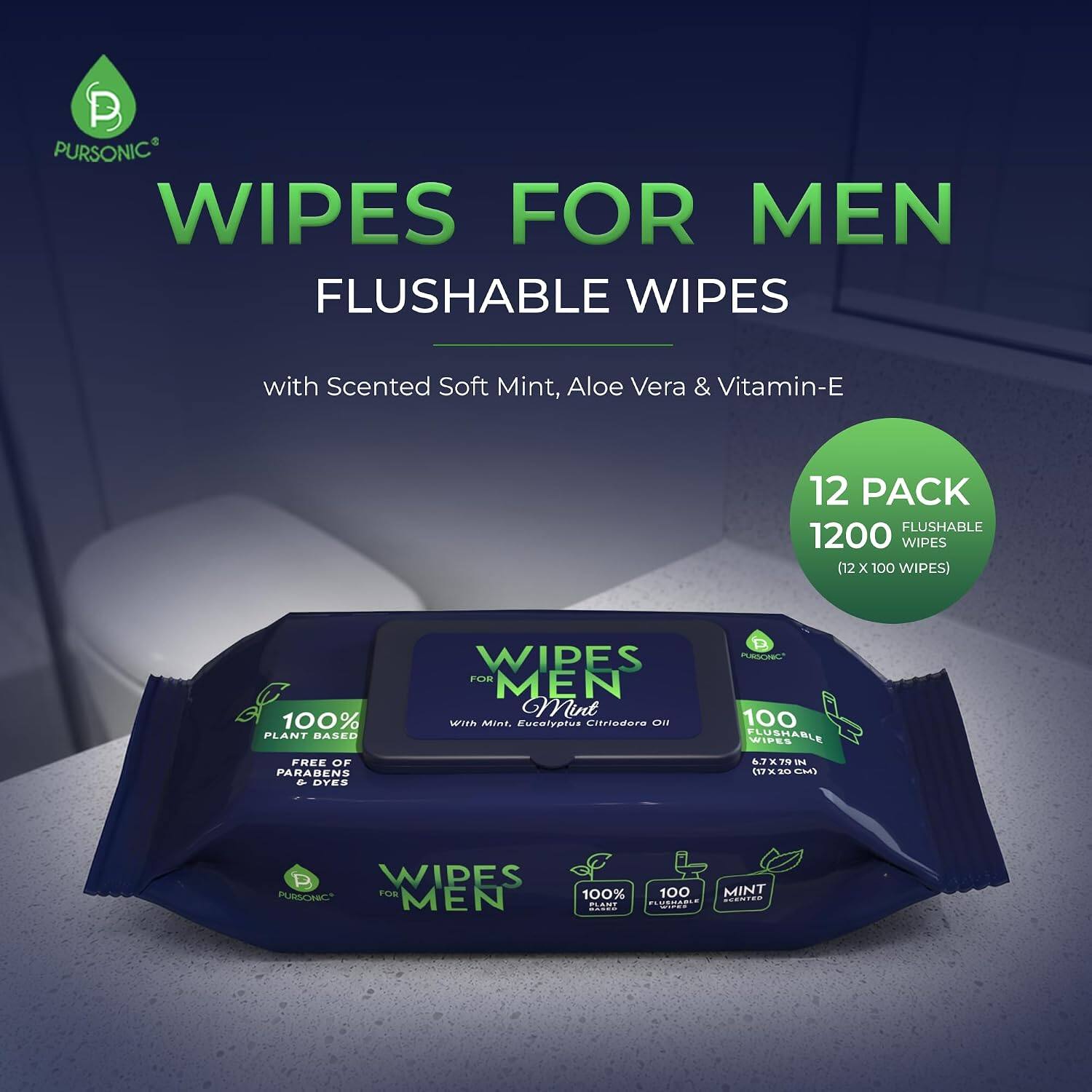 PURSONIC WIPES FOR MEN FLUSHABLE WIPES with Scented Soft Mint, Aloe Vera & Vitamin-E 12 PACK FLUSHABLE 1200 WIPES (12 x 100 WIPES) 100% PLANT BASED WIPES FOR MEN Mint WTN Mint. Eucalyptus Citriodora Oil. 100% FLUSHABLE WIPES FREE OF PARABENS & DYES