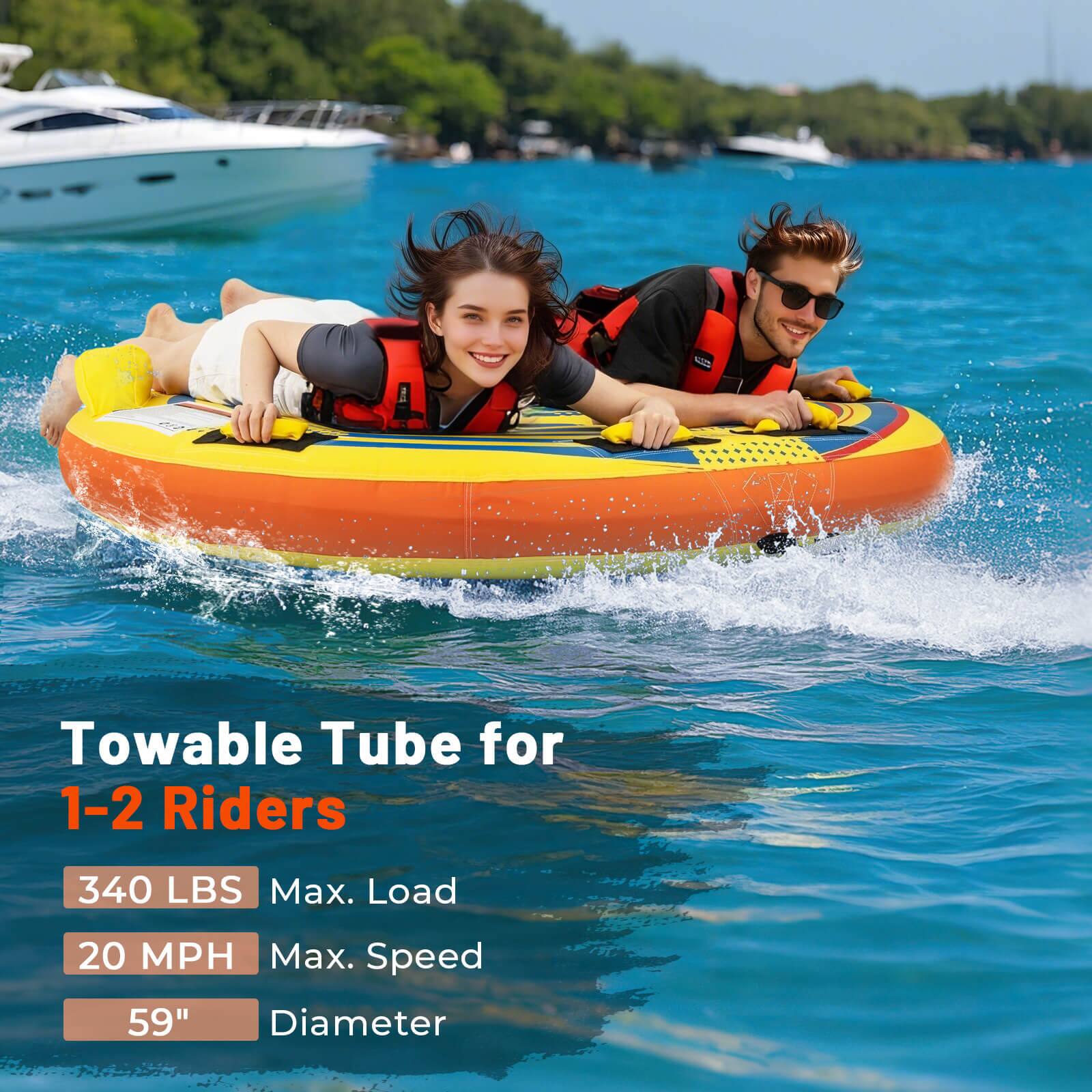 Towable Tube for 1-2 Riders
340 LBS Max. Load
20 MPH Max. Speed
59" Diameter