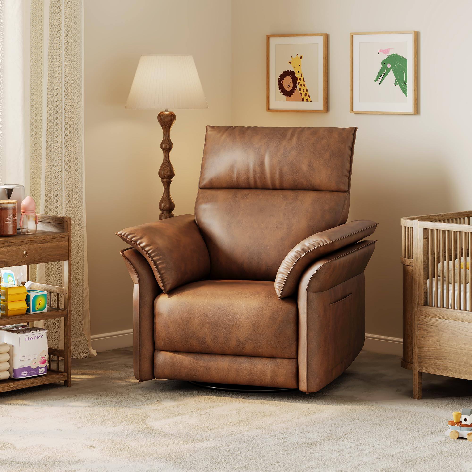 Alt View 1. Homhougo - Power Recliner Chair Swivel Glider, Upholstered Faux Leather Nursery Reclining Sofa Chair with Charging Port - Brown.
