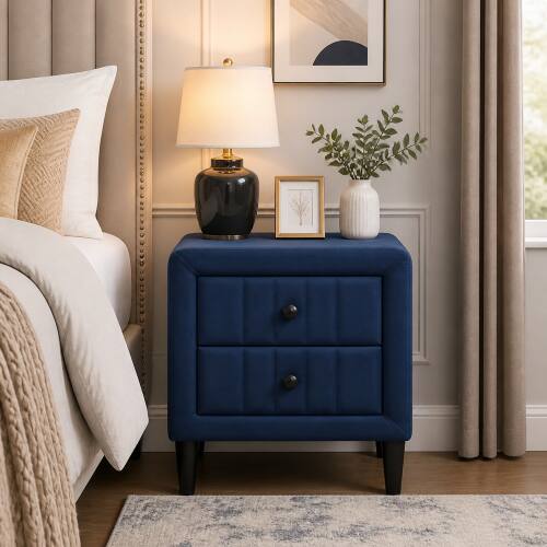 LUCKY ONE - 20" Assembled Velvet Nightstand 2-Drawer Tapered Legs - Navy Blue