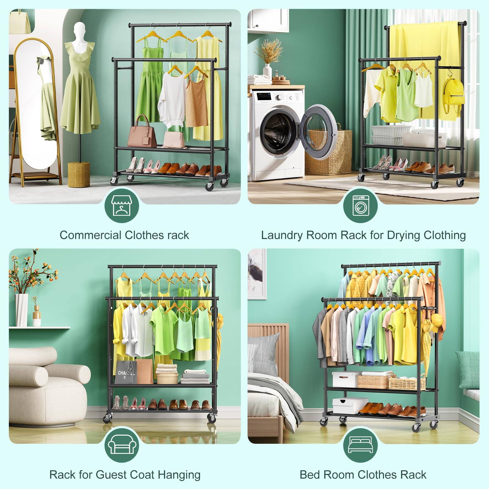 Refined Abode Design Double Rods Clothes Rack For Hanging Heavy Duty ...
