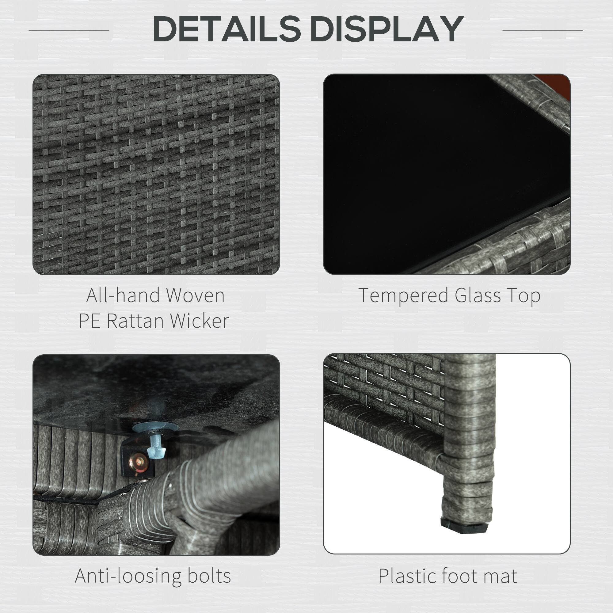 Details Display:

- All-hand Woven PE Rattan Wicker
- Tempered Glass Top
- Anti-loosing bolts
- Plastic foot mat