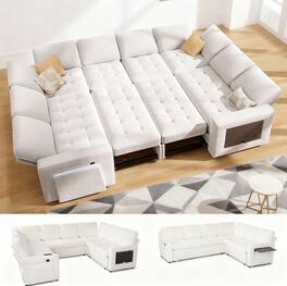 Dyonery - 8 Seat U Shaped Modular Sectional Sleeper Sofa Bed with Pull Out Bed/Reclining Backrest/USB Ports/Storage Seat - Beige