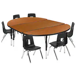 Flash Furniture - Emmy 76" Oval Wave Flexible Laminate Activity Table Set with 14" Student Stack Chairs, Oak/Black - Brown