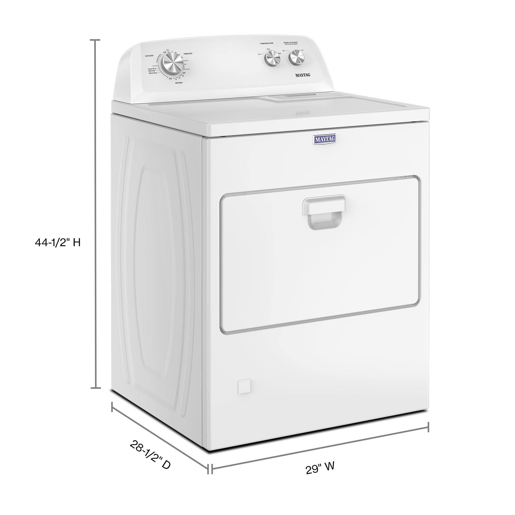 The text on the image reads "Maytag 44-1/2" H 28-1/2" D 29" W." This information is likely related to the dimensions of the white washing machine.