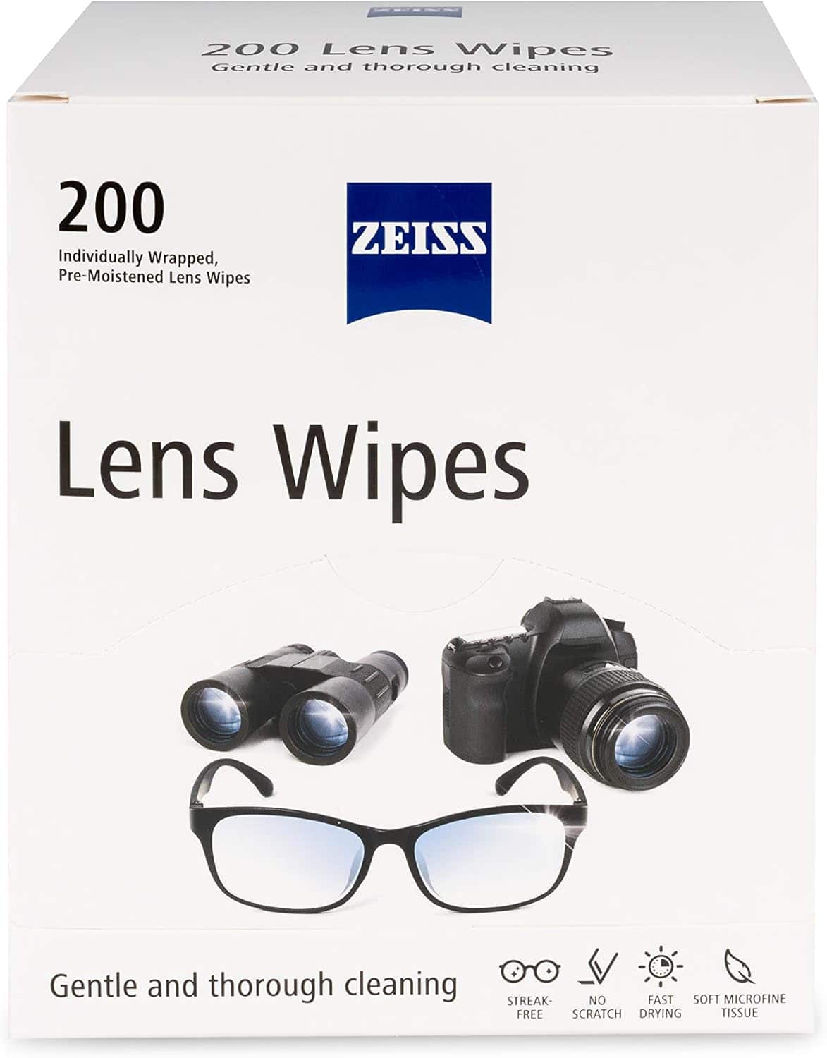 200 Lens Wipes  
Gentle and thorough cleaning  

200  
Individually Wrapped, Pre-Moistened Lens Wipes  

ZEISS Lens Wipes  
Gentle and thorough cleaning  

STREAK-FREE  
NO SCRATCH  
FAST DRYING  
SOFT MICROFINE TISSUE