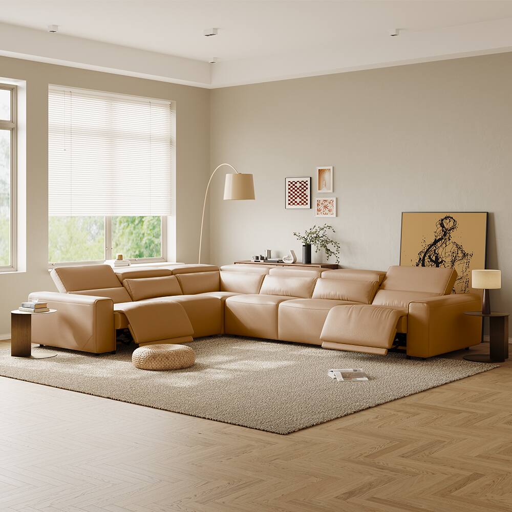 Angle. POVISON - 141.14" Power L Shape Recliner Couch With 2 Recliner Seats,USB/Type C Charging Port, Adjustable Headrest, Khaki - Khaki Sustainable Leather.