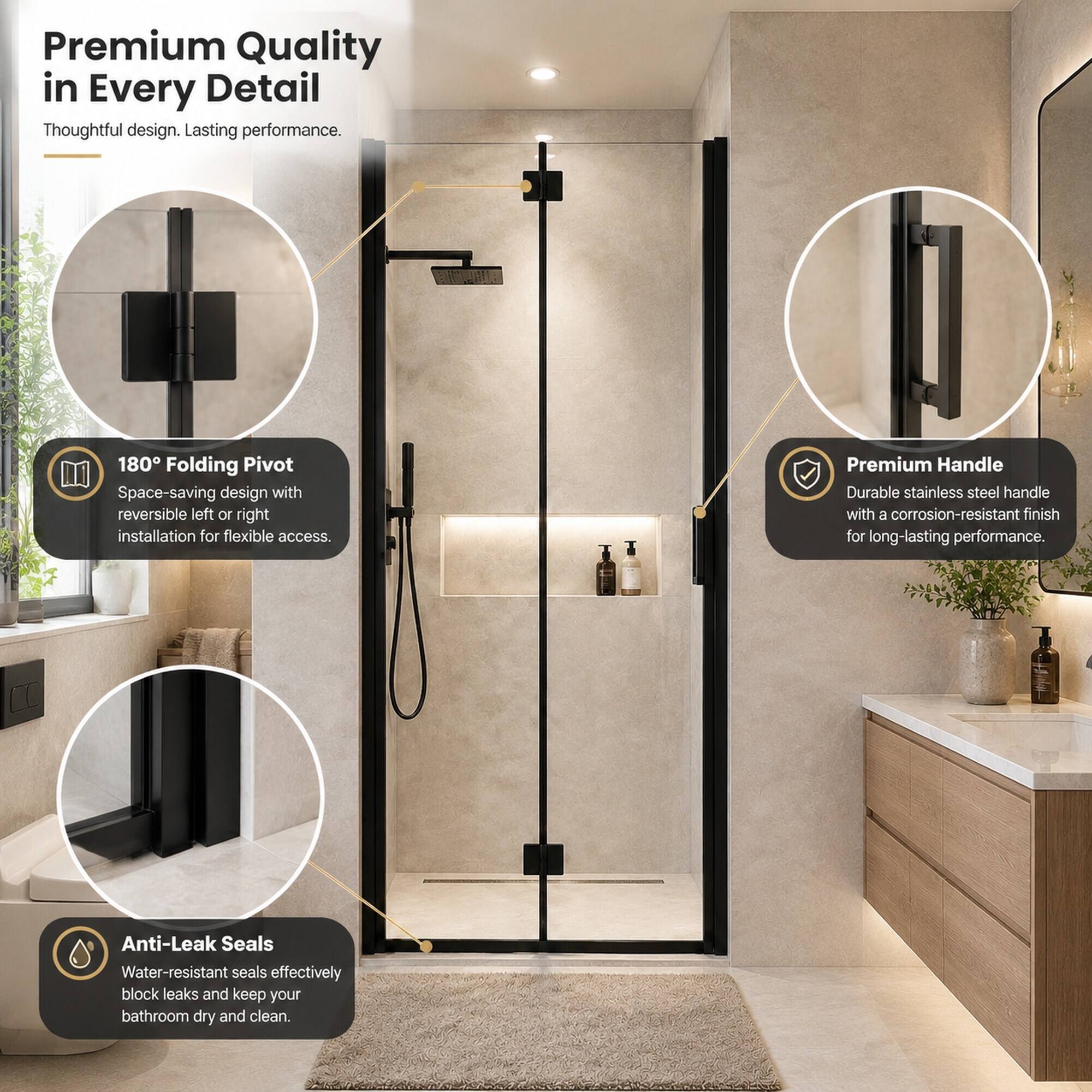 Premium Quality in Every Detail  
Thoughtful design. Lasting performance.

180° Folding Pivot  
Space-saving design with reversible left or right installation for flexible access.

Premium Handle  
Durable stainless steel handle with a corrosion-resistant finish for long-lasting performance.

Anti-Leak Seals  
Water-resistant seals effectively block leaks and keep your bathroom dry and clean.