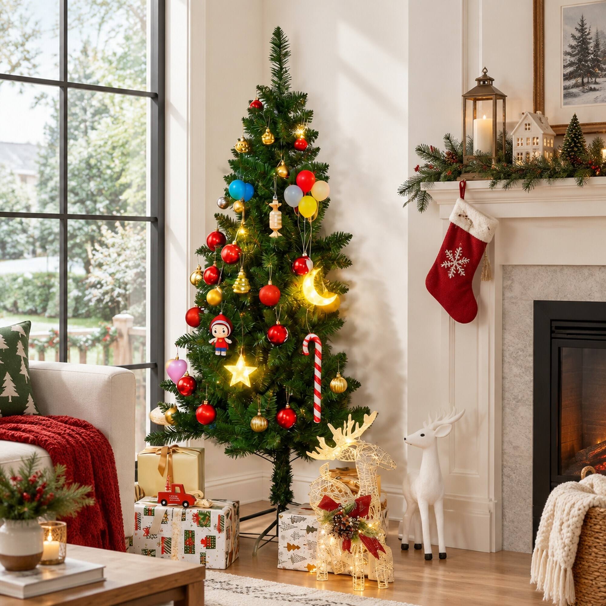 Back. RYHNUYNE - Artificial Half Christmas Tree With Auto Open and Steel Base for Indoor Decor - Green.