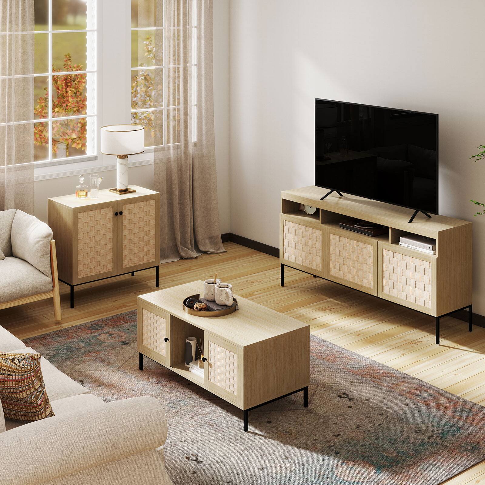 Left. Bestier - Wood Storage Cabinet with Woven Solid Wood Door, Large Capacity Storage and Metal Legs - wooden.