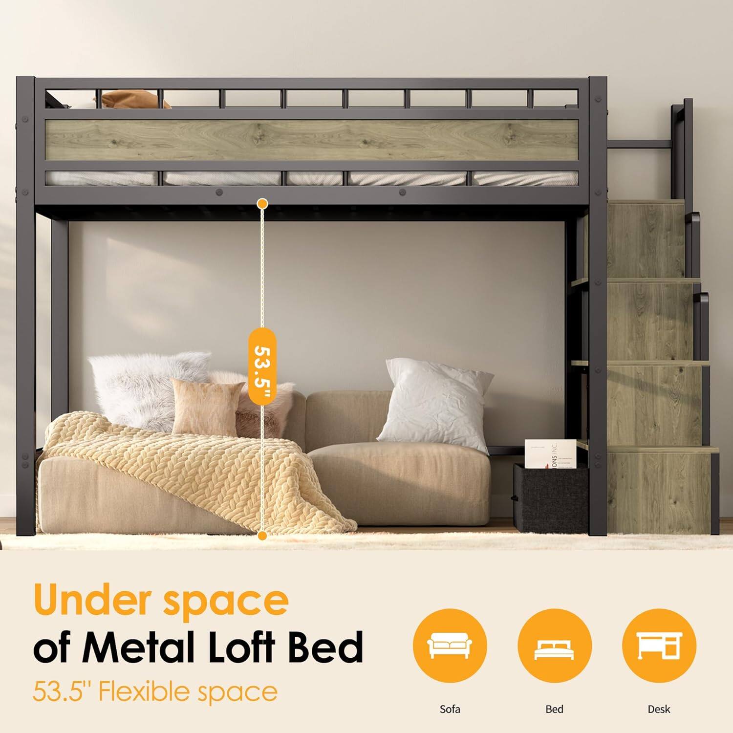 Under space of Metal Loft Bed  
53.5" Flexible space  

Sofa  
Bed  
Desk