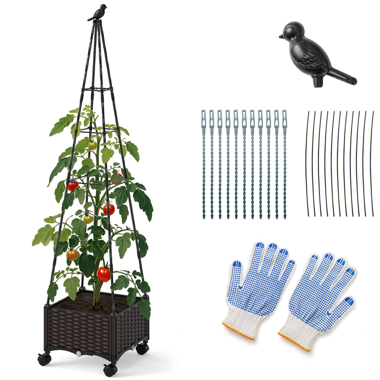 Front. Costway - Costway 1 PCS Raised Garden Bed with Plant Box & Obelisk Trellis Lockable Wheels Cage Planter - Brown.