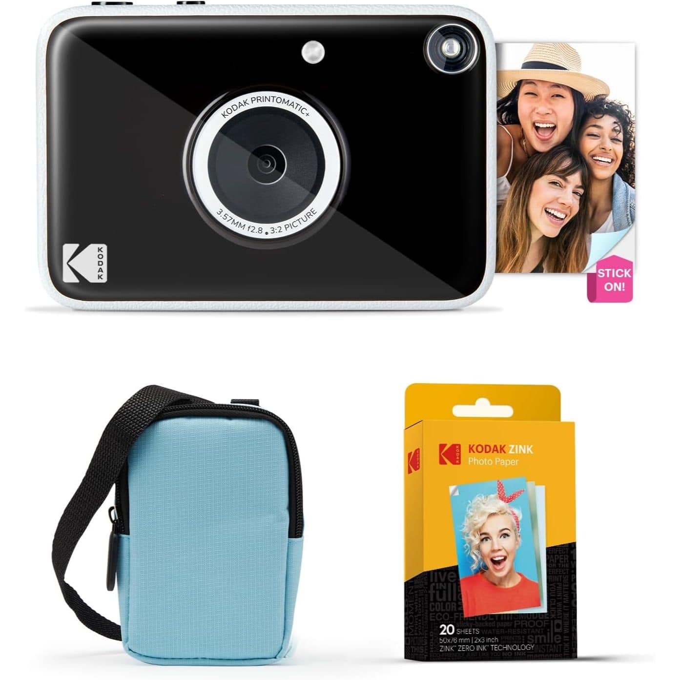 Kodak - Printomatic+ Instant Camera Bundle 10MP w/ Blue Case & 20 Zink Paper - Black