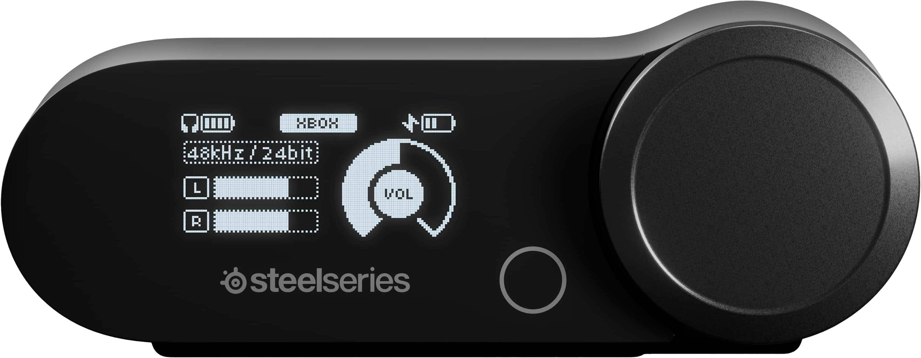 The text on the image reads: "EOK 48kHz 24bit I L VOL 1 steelseries."