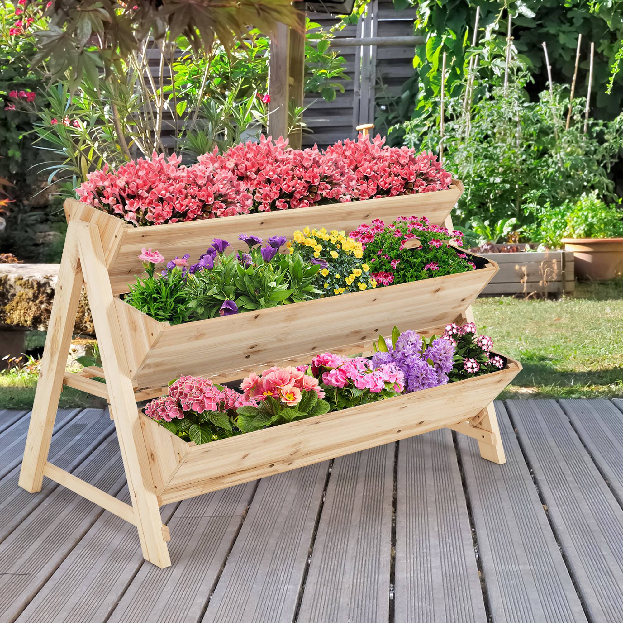 Alt View 4. Costway - 3 Tier Wooden Vertical Raised Garden Bed w/Storage Shelf, Side Hook & Liners - Natural.
