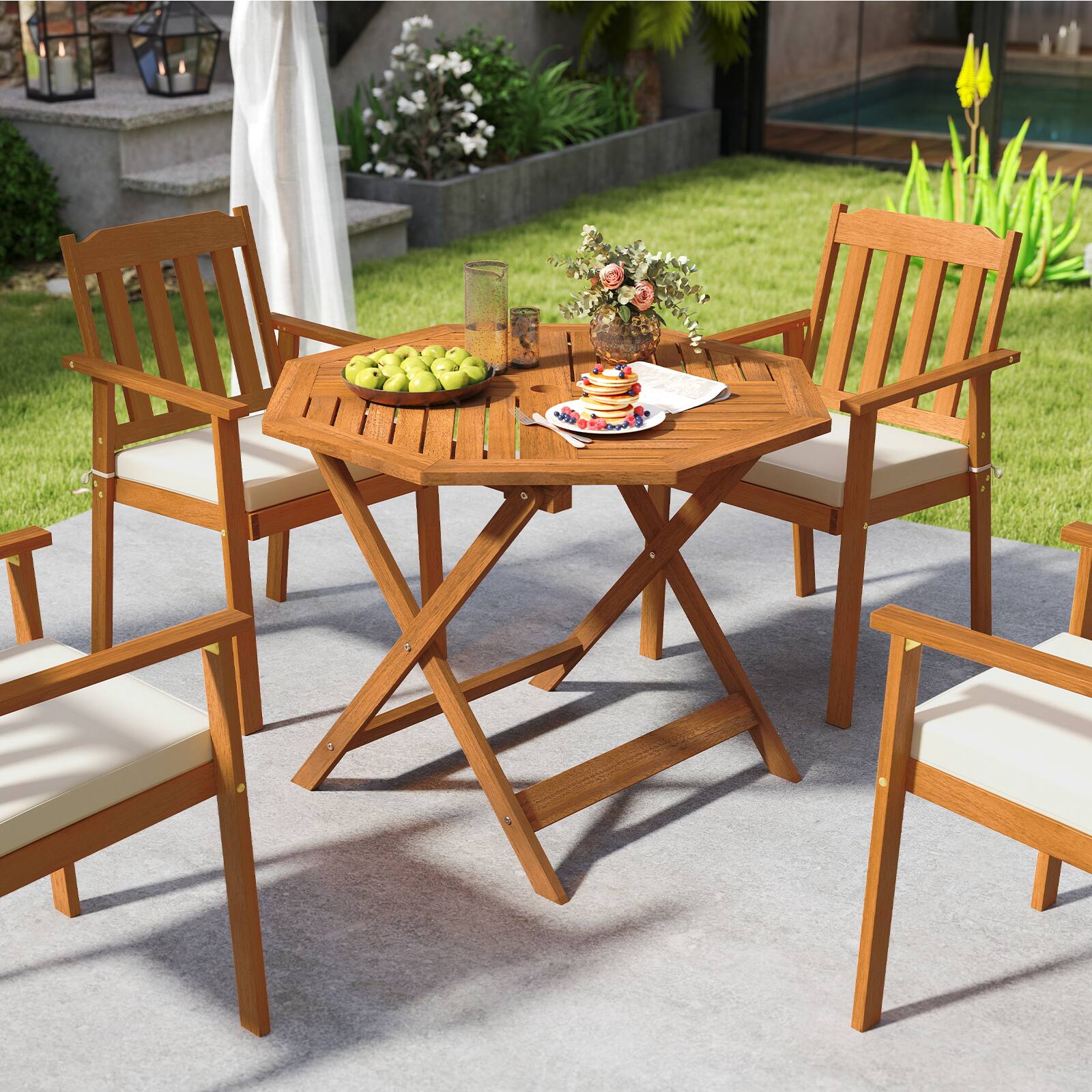 Alt View 7. Gymax - Gymax 35.5'' Solid Wood Patio Dining Table w/1.97'' Umbrella Hole Slatted Tabletop - Yellow.