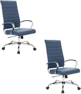 LeisureMod - Set of 2 Benmar High Back Ergonomic Leather Upholstered Office Chair with Adjustable Height and Padded Armrests - Navy Blue